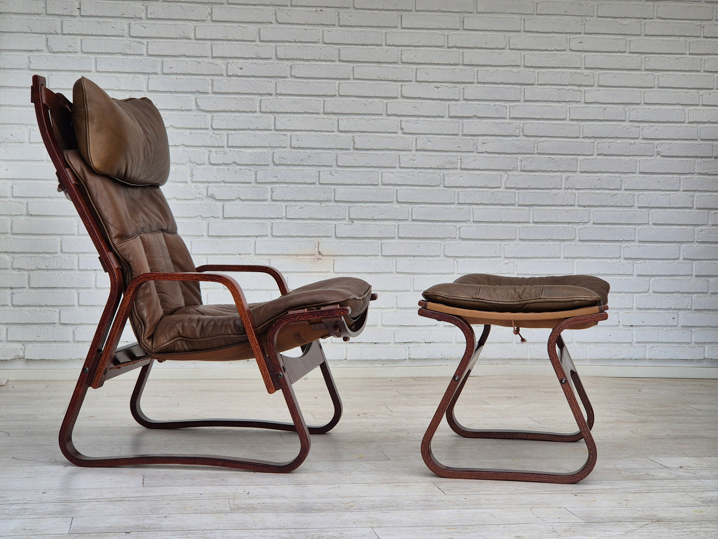 1970s, Norwegian design, lounge chair with footstool, original condition, leather.