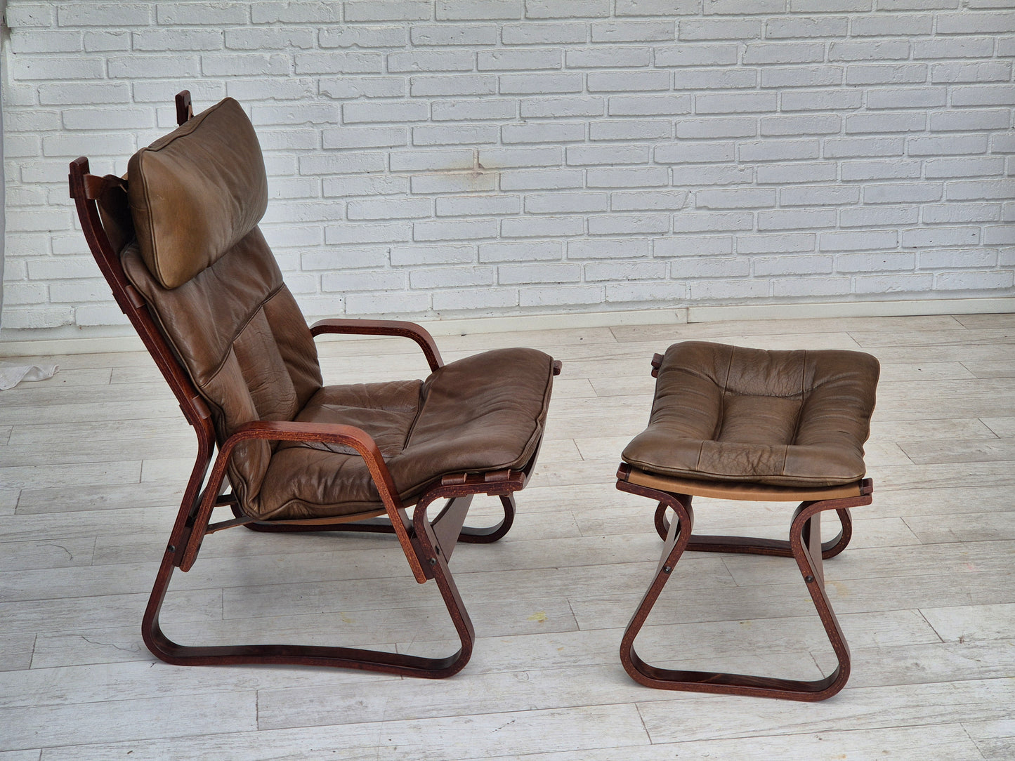 1970s, Norwegian design, lounge chair with footstool, original condition, leather.