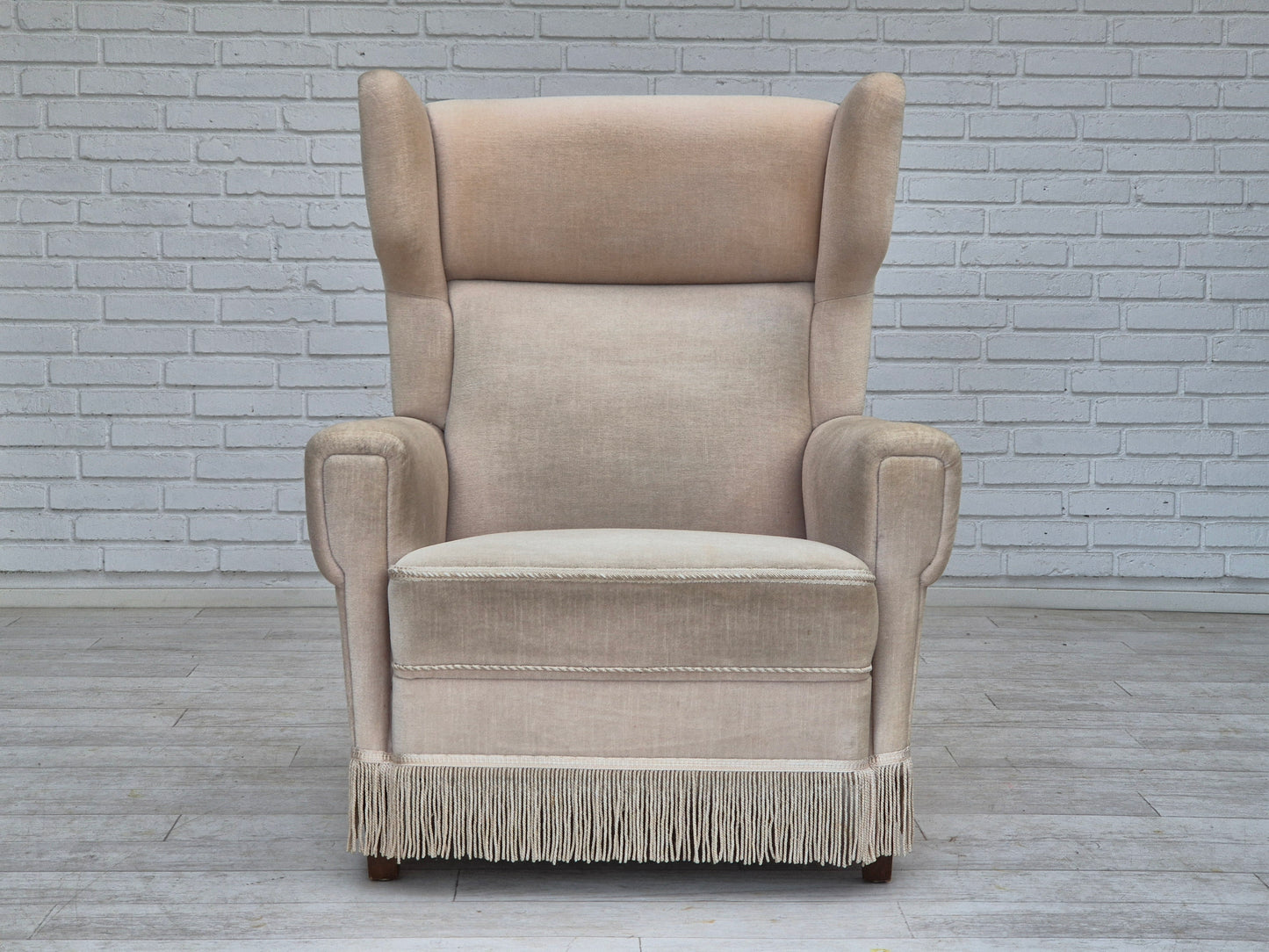 1970s, Danish wingback armchair, original condition, furniture velour, ash wood.