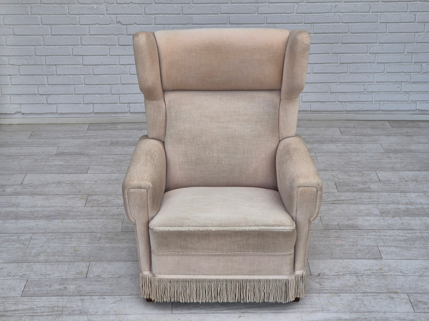 1970s, Danish wingback armchair, original condition, furniture velour, ash wood.