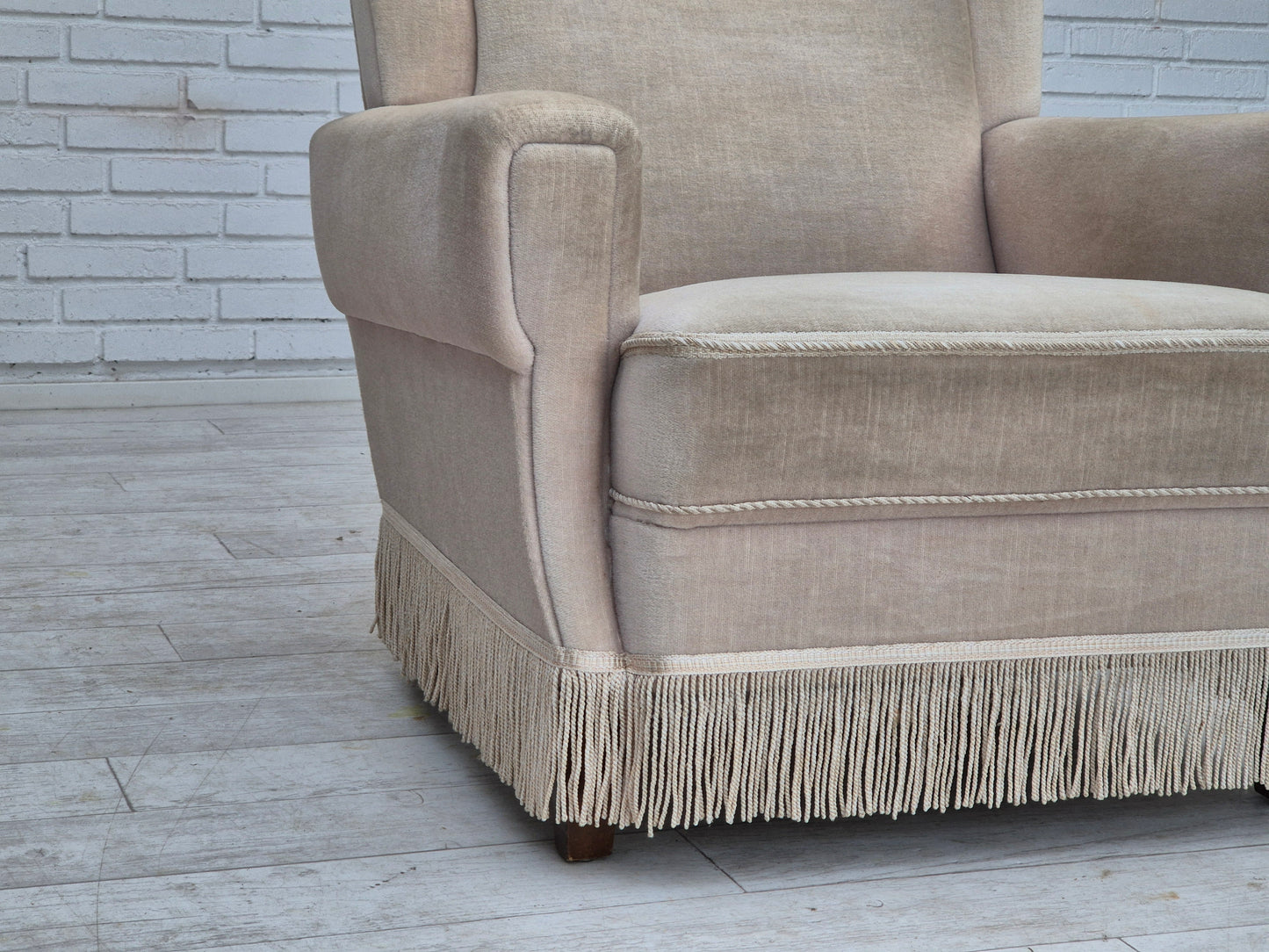 1970s, Danish wingback armchair, original condition, furniture velour, ash wood.