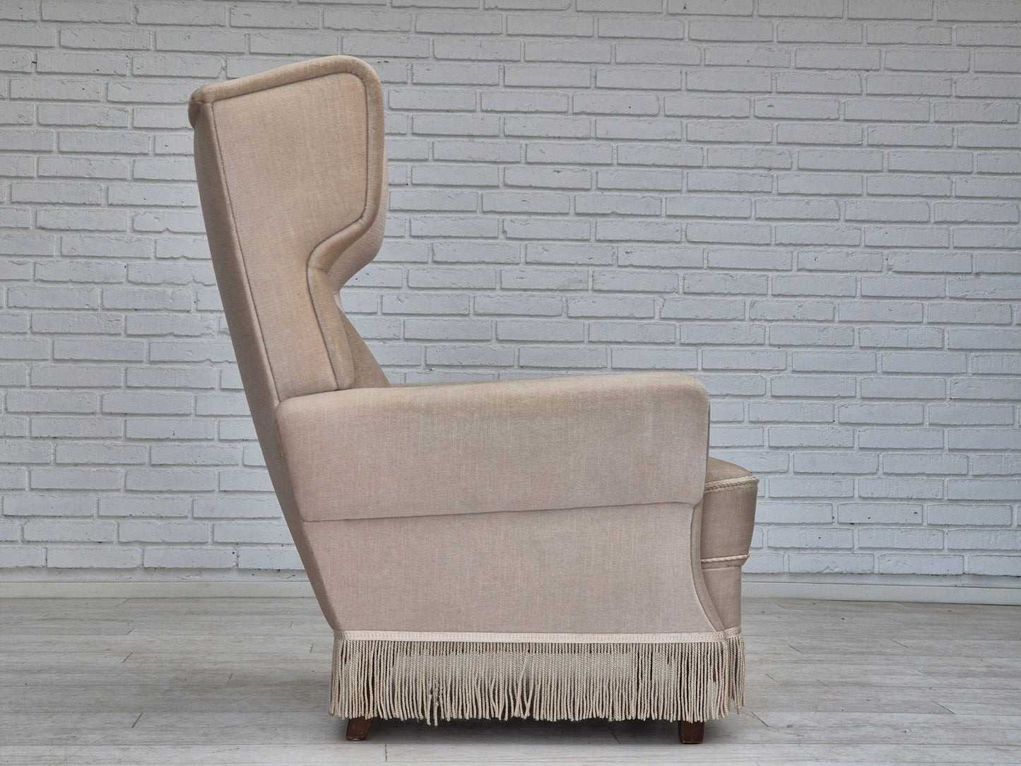 1970s, Danish wingback armchair, original condition, furniture velour, ash wood.