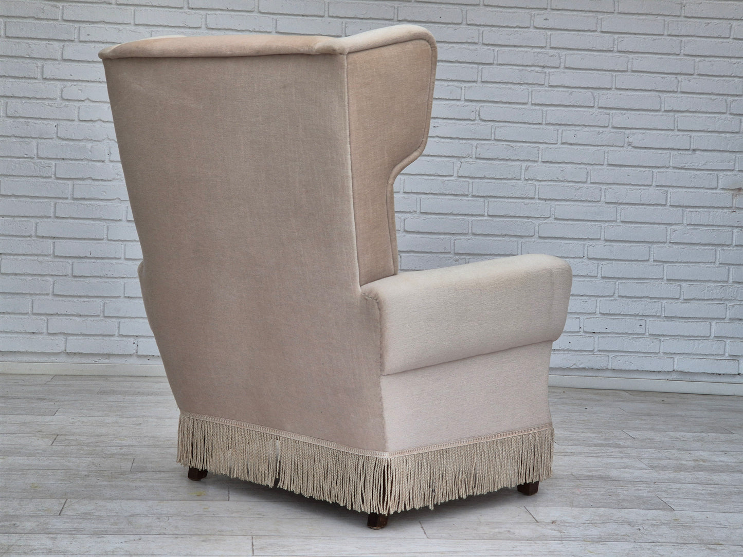 1970s, Danish wingback armchair, original condition, furniture velour, ash wood.