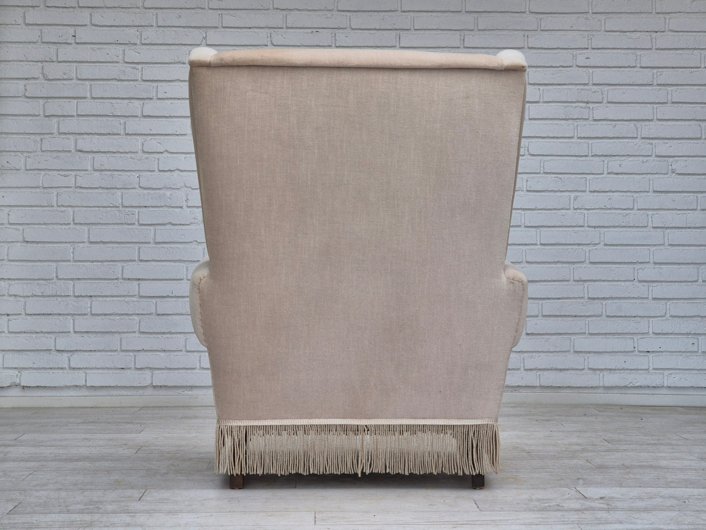 1970s, Danish wingback armchair, original condition, furniture velour, ash wood.