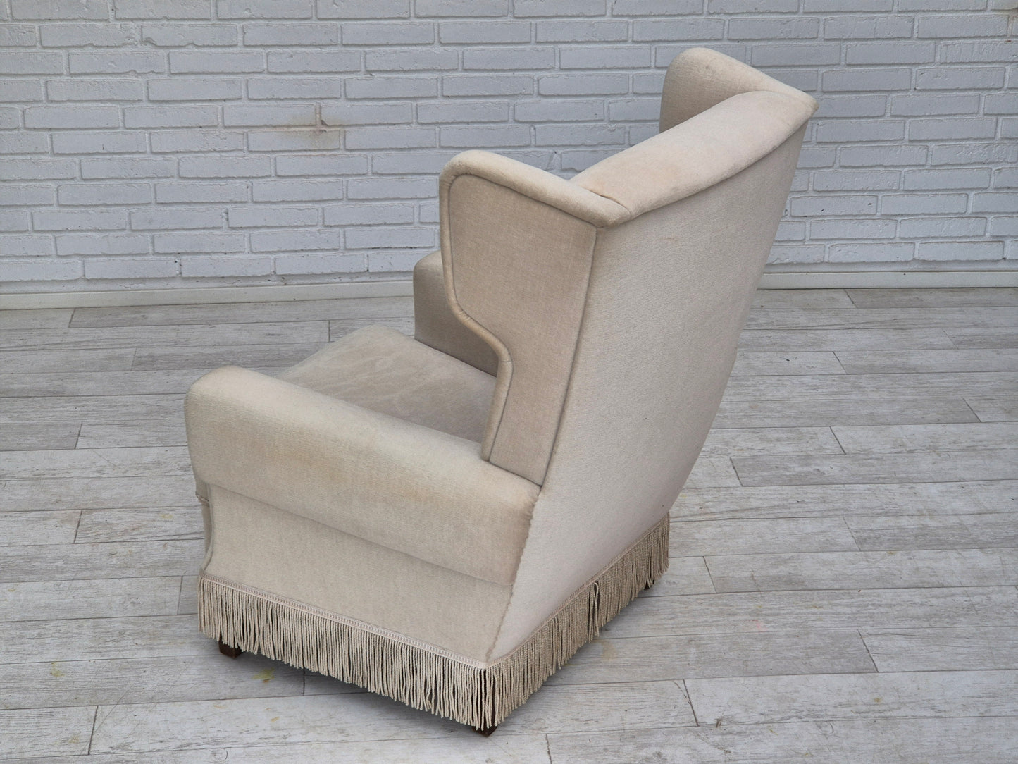 1970s, Danish wingback armchair, original condition, furniture velour, ash wood.