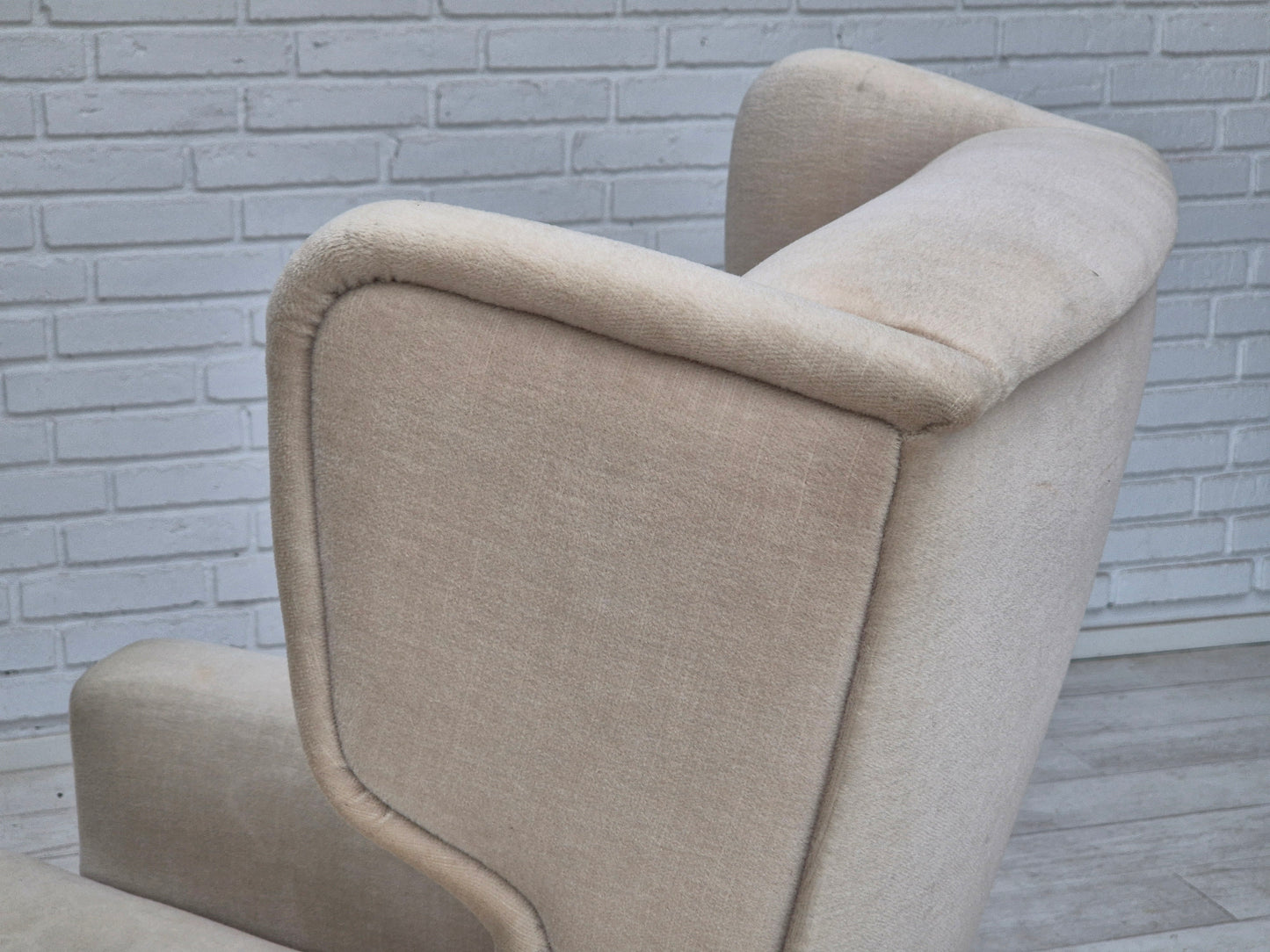 1970s, Danish wingback armchair, original condition, furniture velour, ash wood.