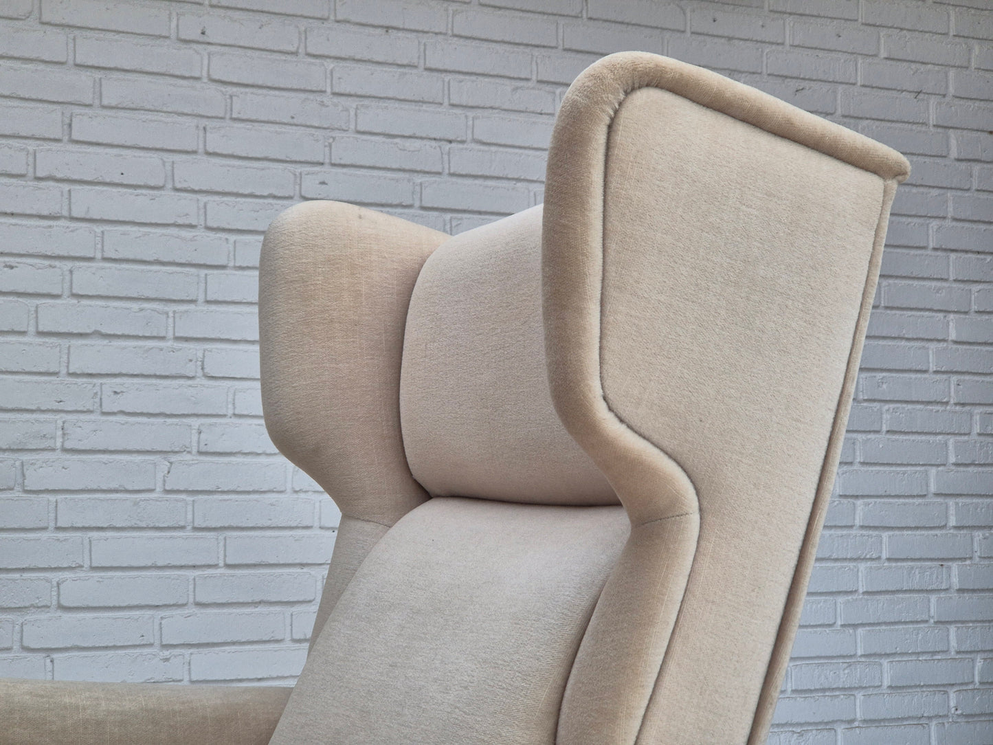 1970s, Danish wingback armchair, original condition, furniture velour, ash wood.