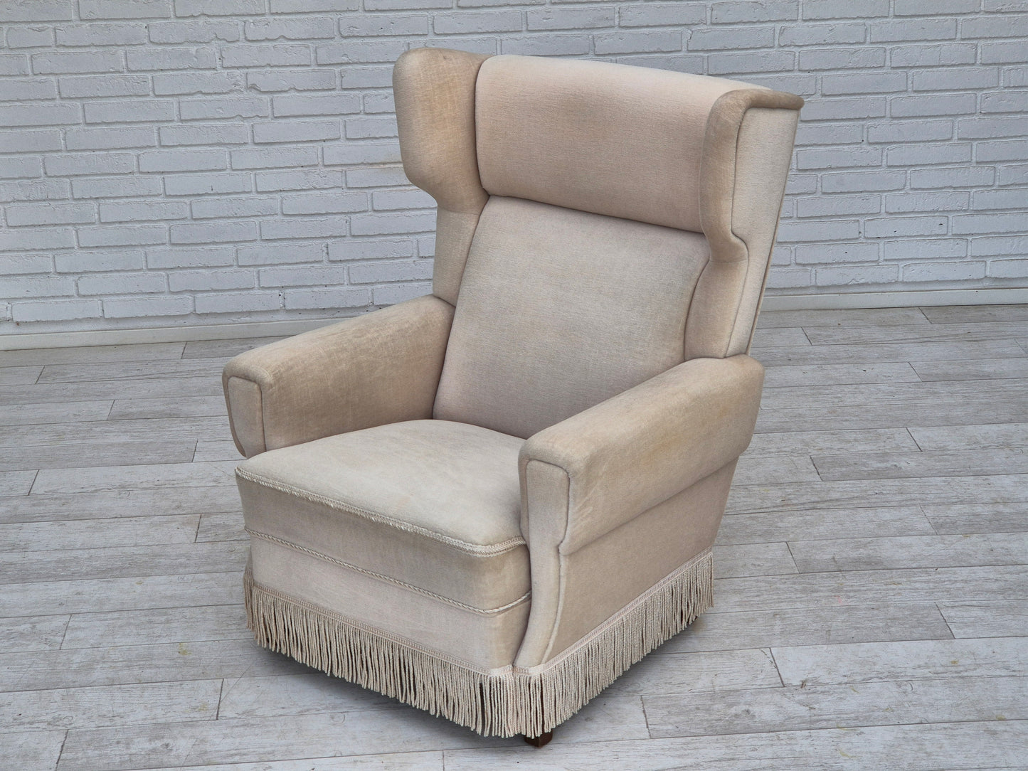 1970s, Danish wingback armchair, original condition, furniture velour, ash wood.