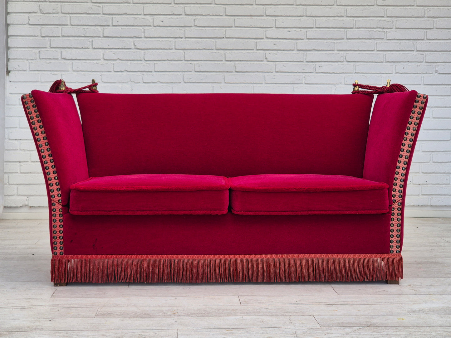 1970s, Danish drop arm "Spanish" sofa, original condition, cherry red furniture velour.