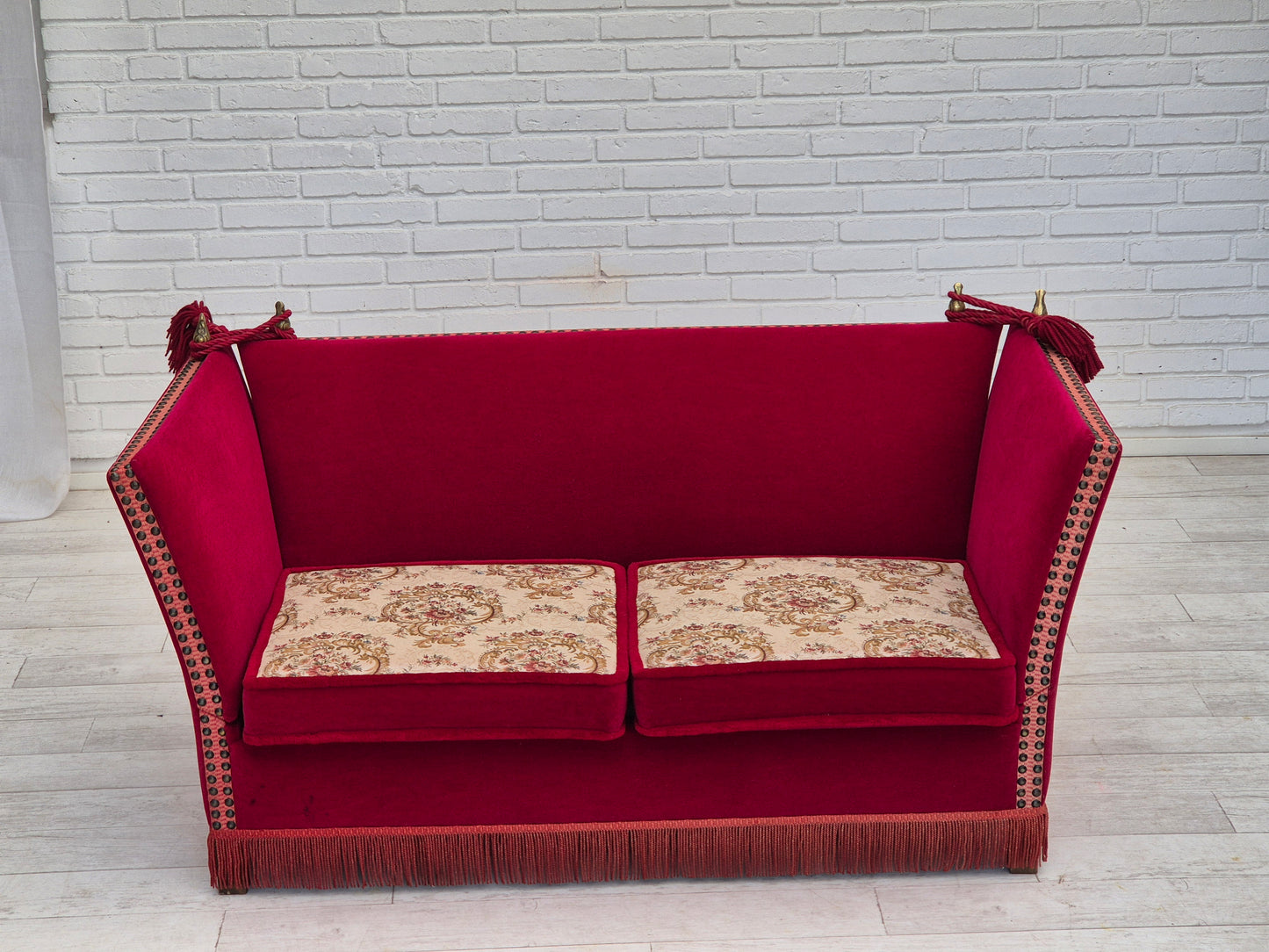 1970s, Danish drop arm "Spanish" sofa, original condition, cherry red furniture velour.