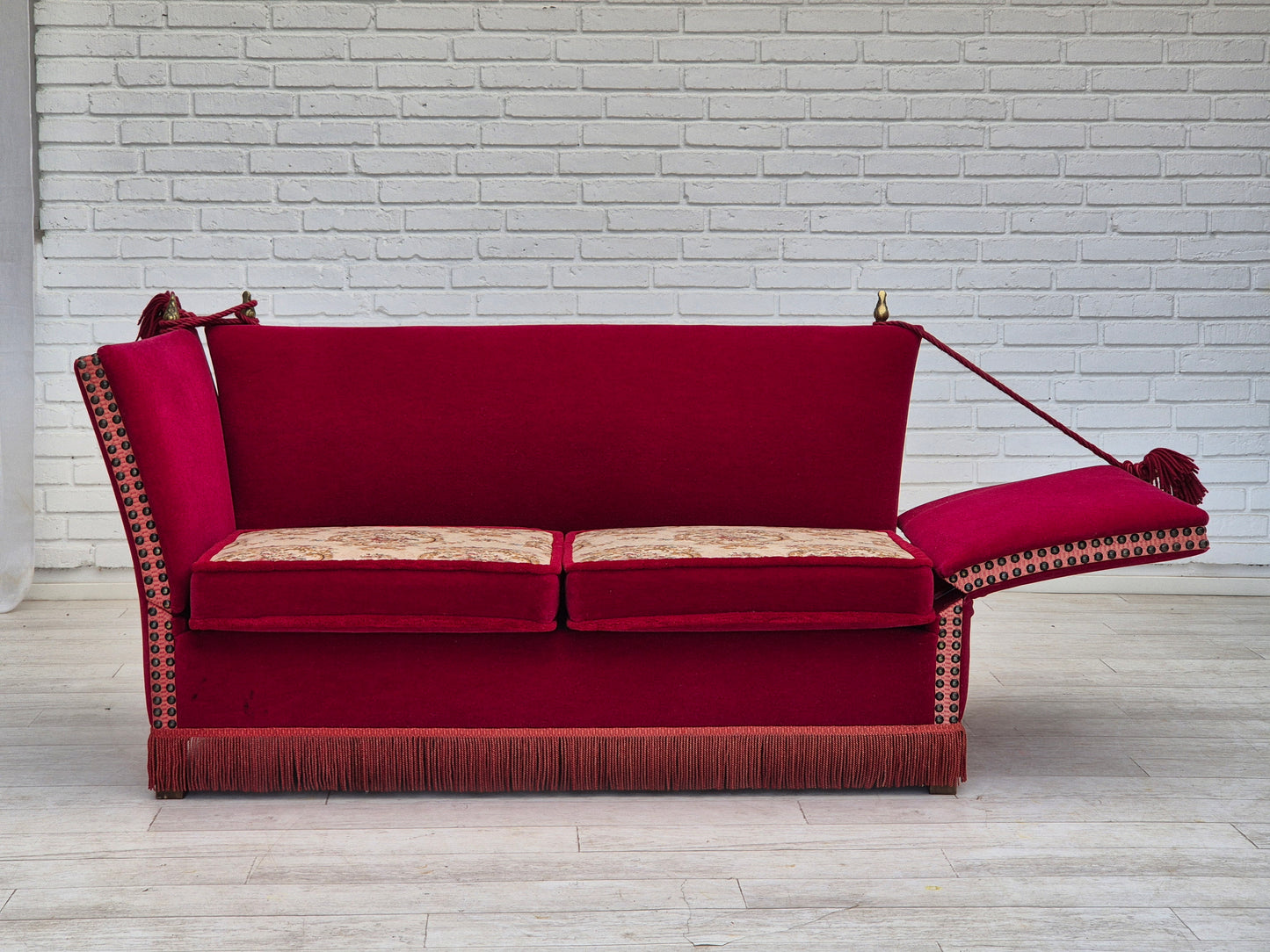 1970s, Danish drop arm "Spanish" sofa, original condition, cherry red furniture velour.