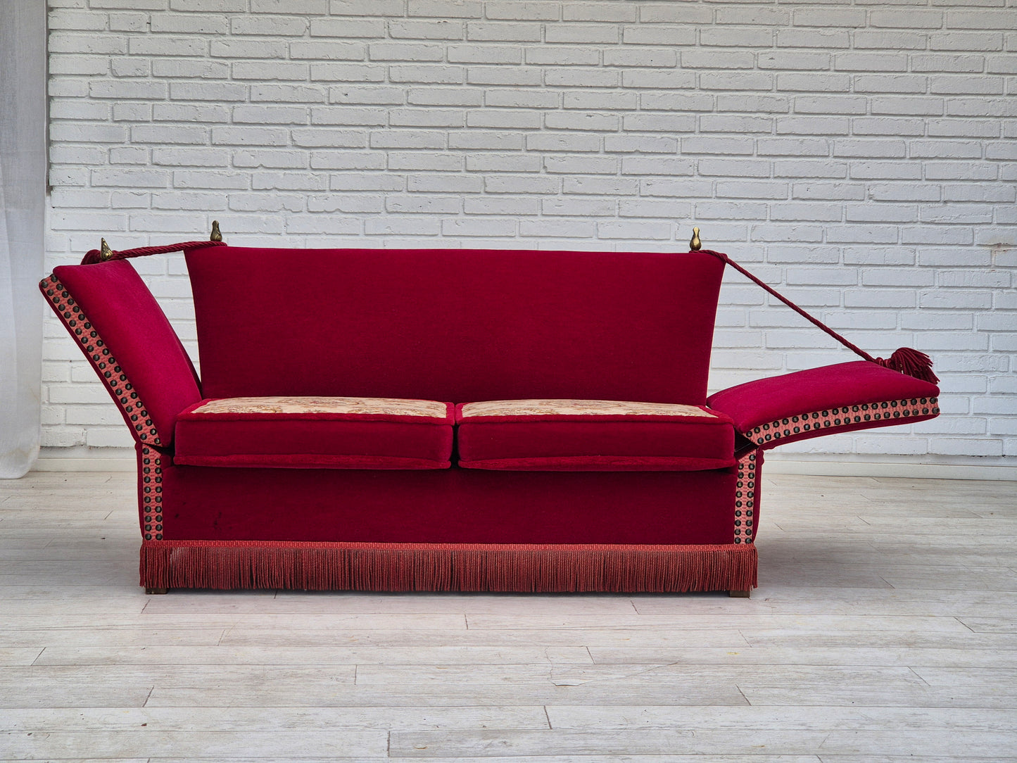 1970s, Danish drop arm "Spanish" sofa, original condition, cherry red furniture velour.