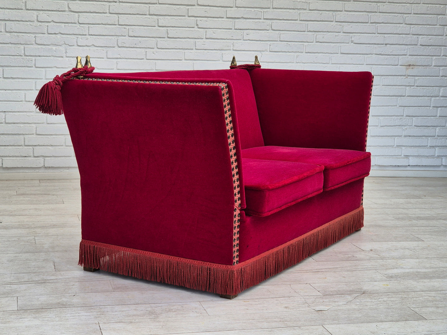 1970s, Danish drop arm "Spanish" sofa, original condition, cherry red furniture velour.