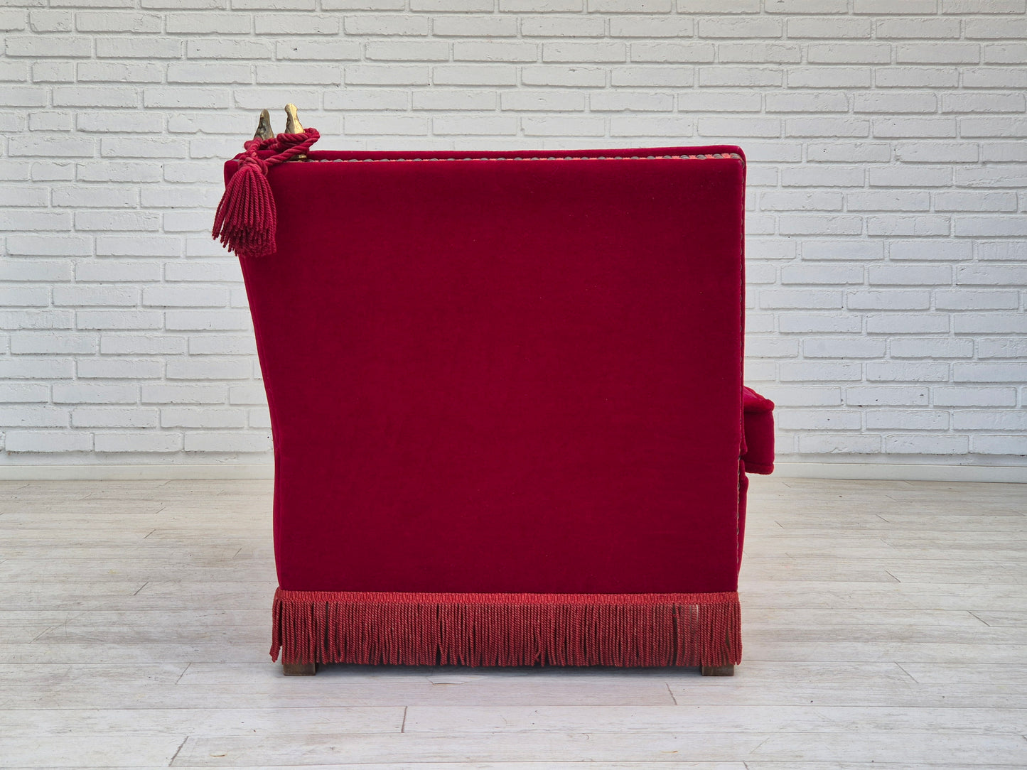 1970s, Danish drop arm "Spanish" sofa, original condition, cherry red furniture velour.