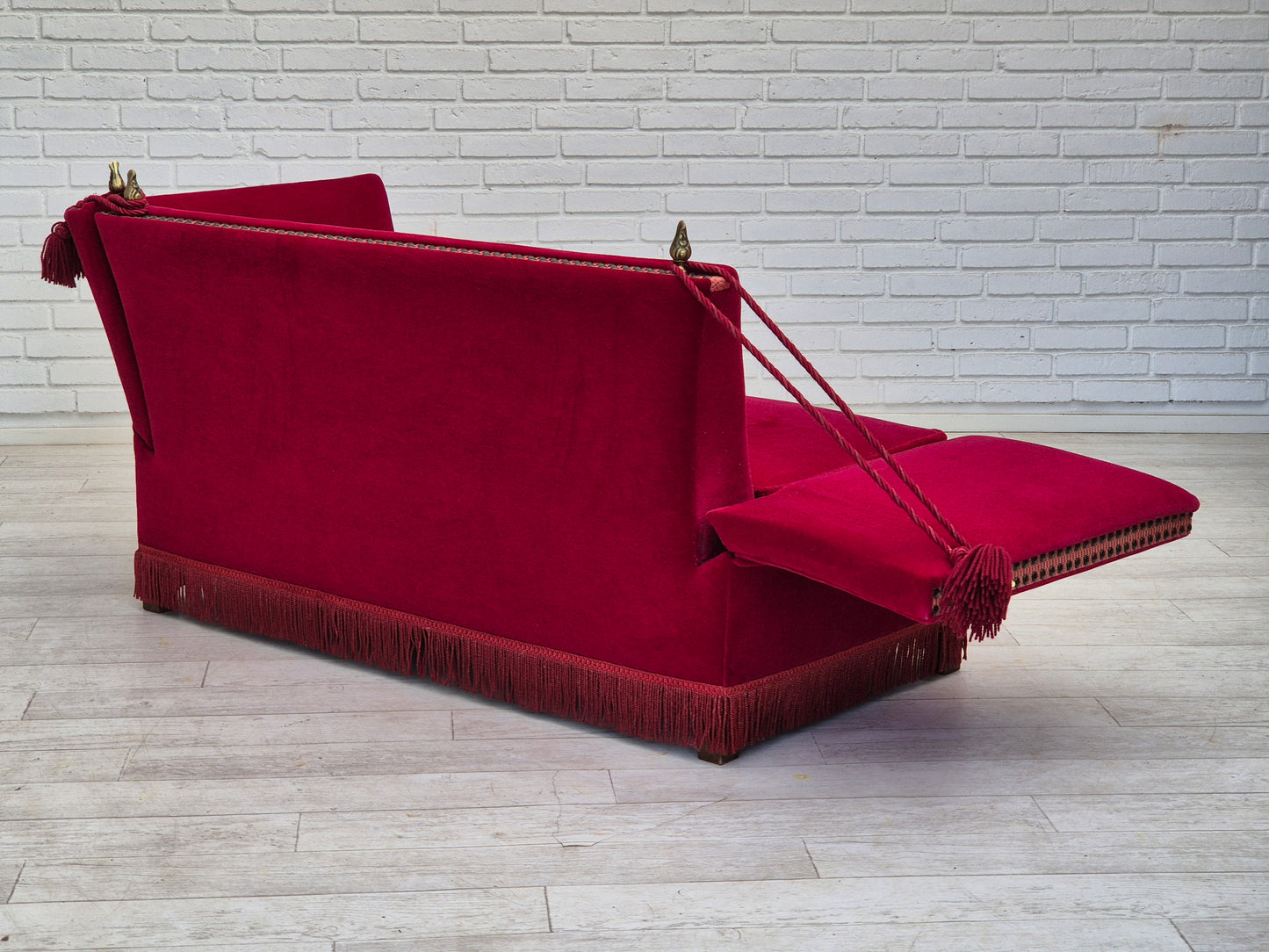 1970s, Danish drop arm "Spanish" sofa, original condition, cherry red furniture velour.