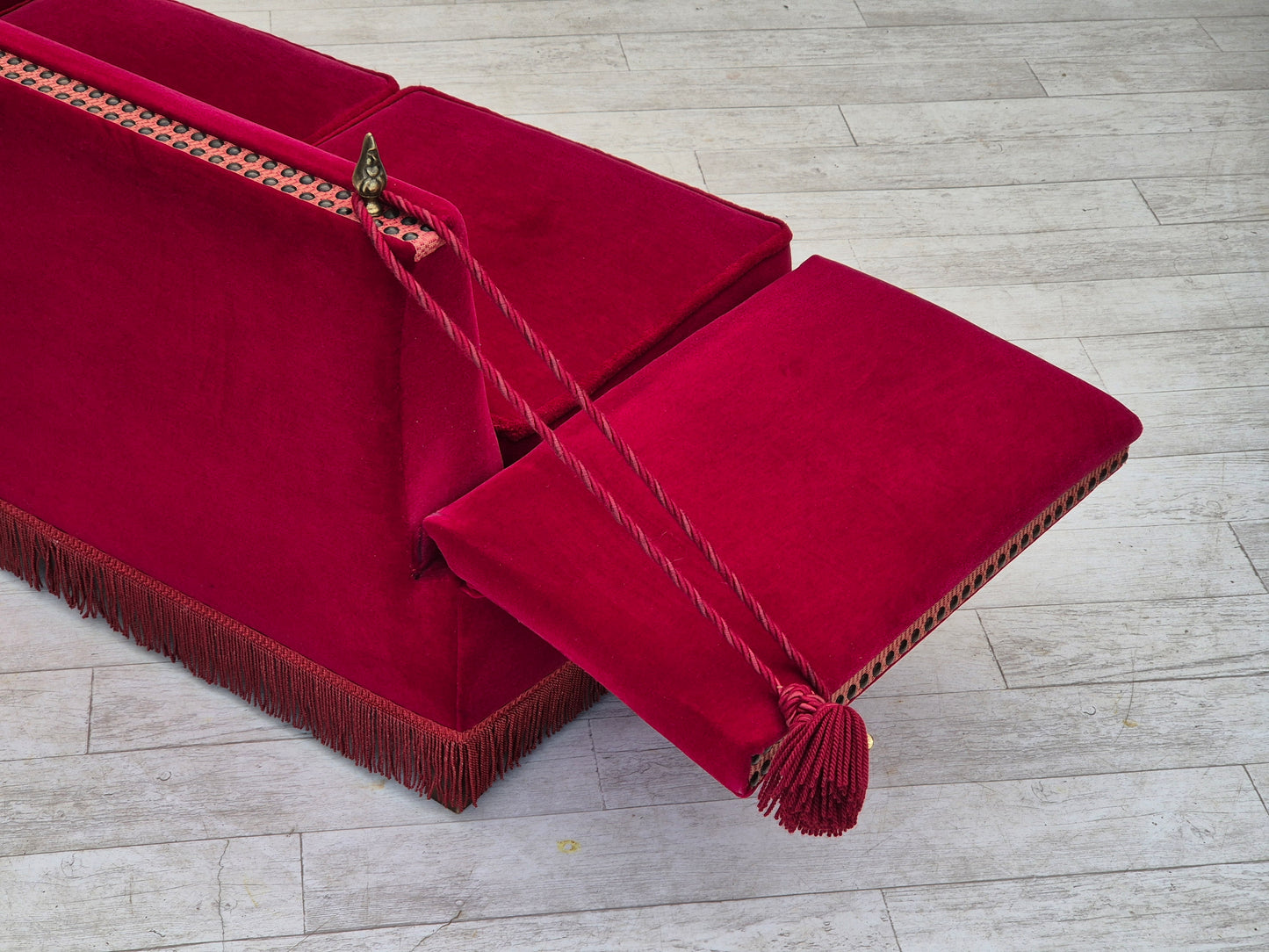 1970s, Danish drop arm "Spanish" sofa, original condition, cherry red furniture velour.