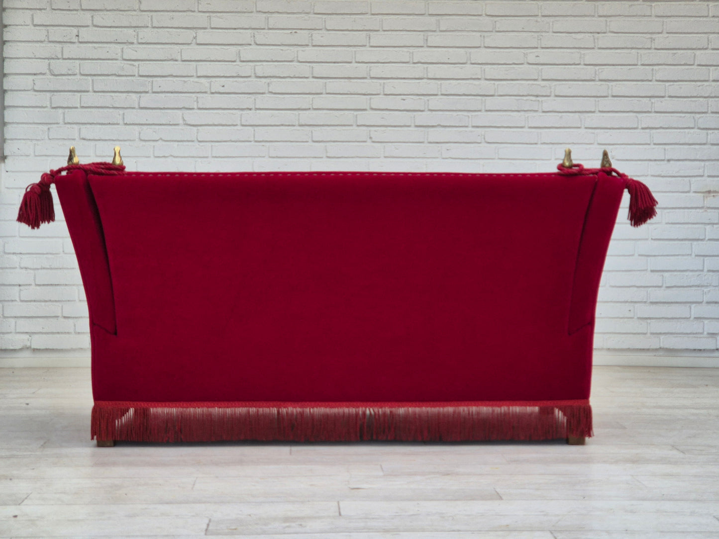 1970s, Danish drop arm "Spanish" sofa, original condition, cherry red furniture velour.