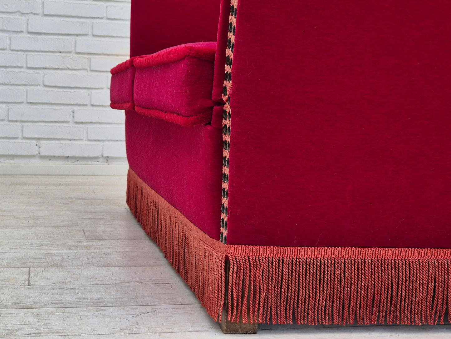 1970s, Danish drop arm "Spanish" sofa, original condition, cherry red furniture velour.