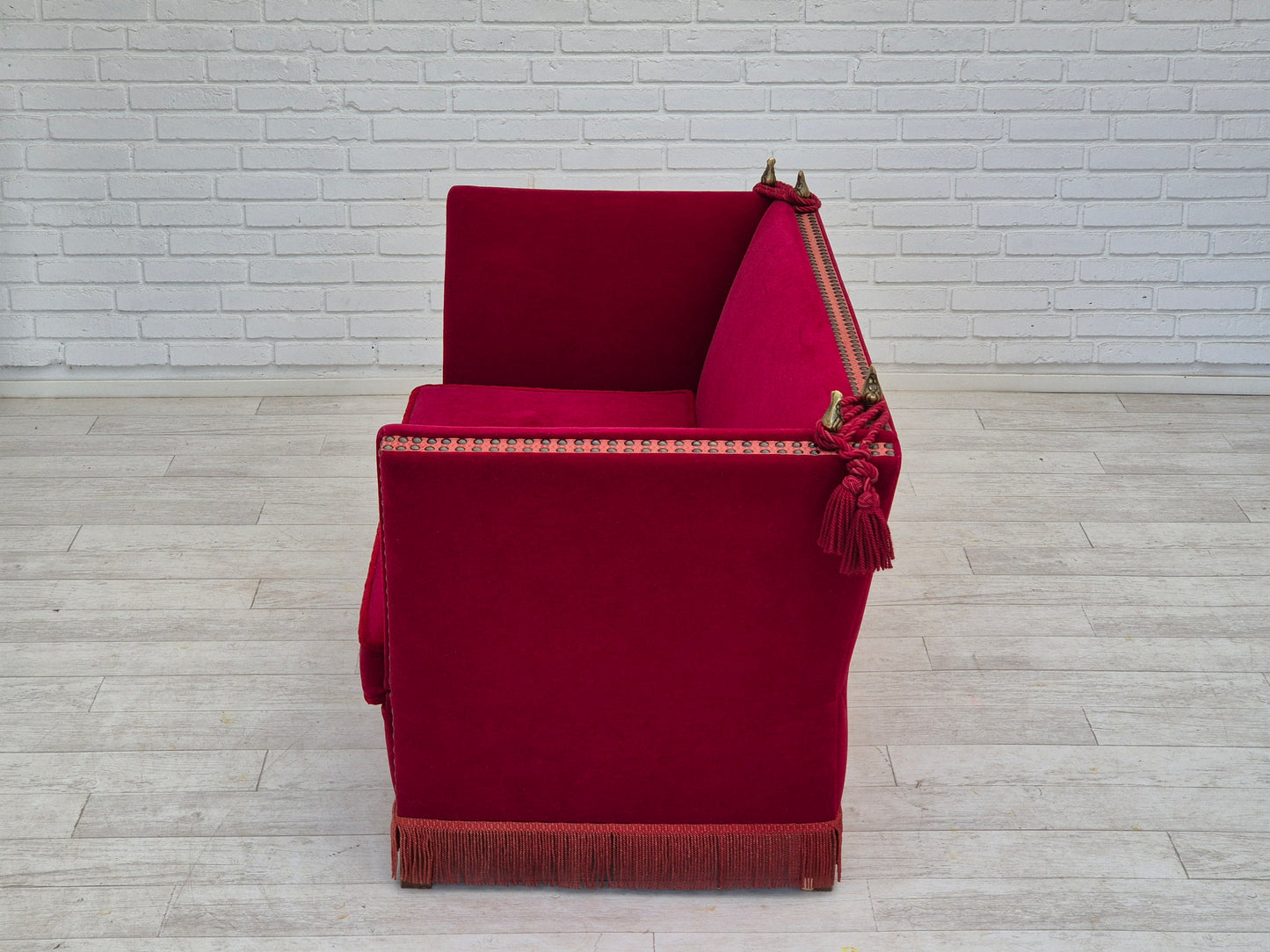 1970s, Danish drop arm "Spanish" sofa, original condition, cherry red furniture velour.