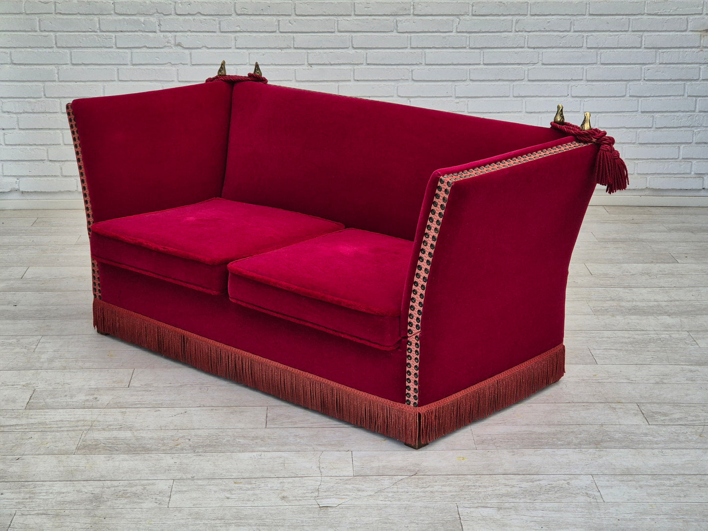 1970s, Danish drop arm "Spanish" sofa, original condition, cherry red furniture velour.