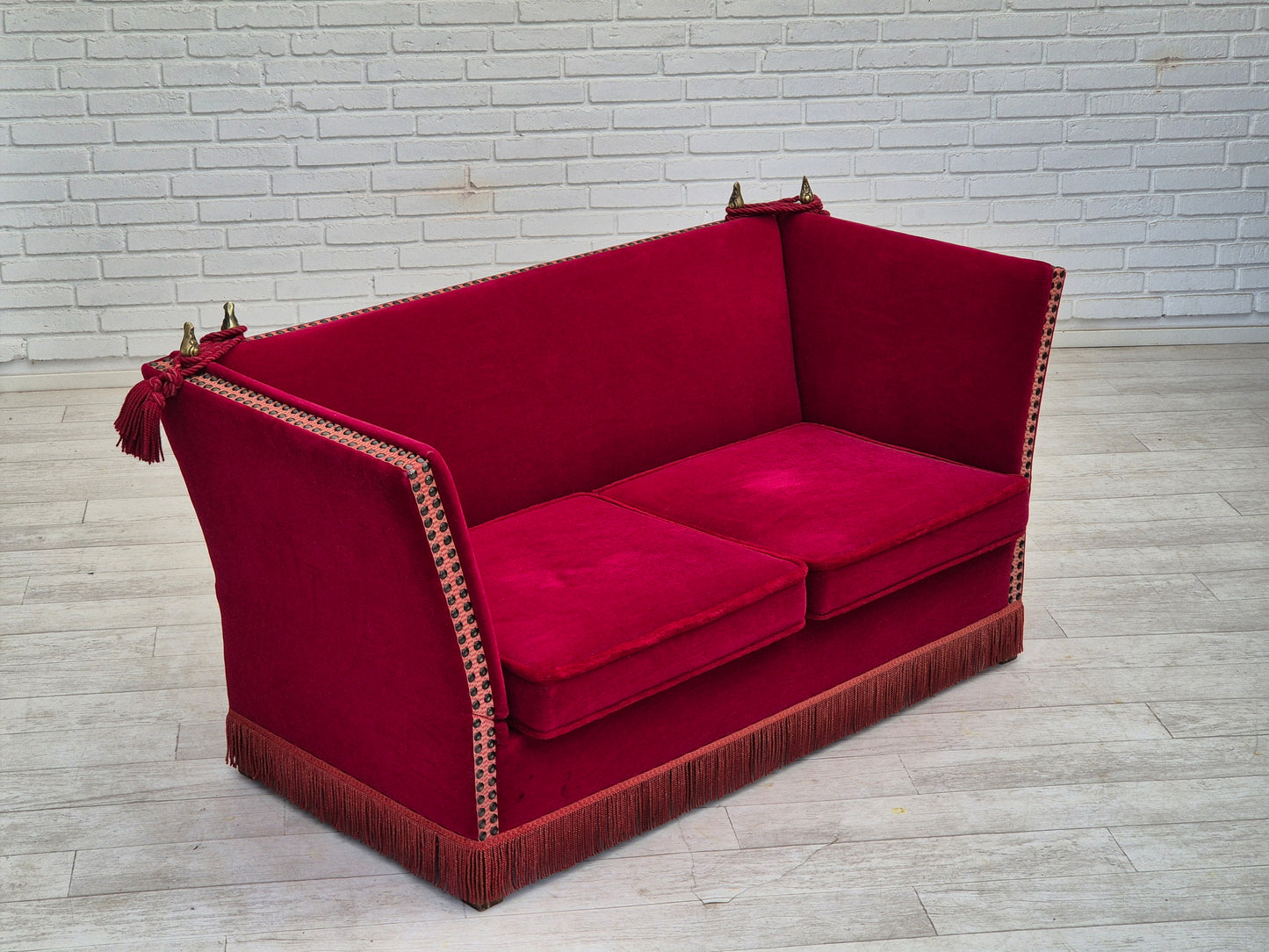 1970s, Danish drop arm "Spanish" sofa, original condition, cherry red furniture velour.