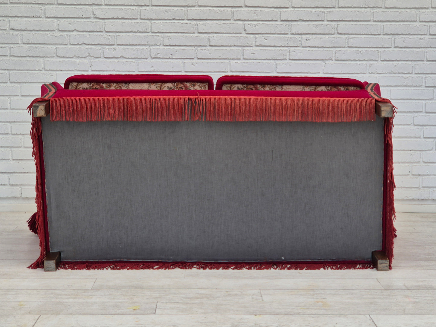 1970s, Danish drop arm "Spanish" sofa, original condition, cherry red furniture velour.