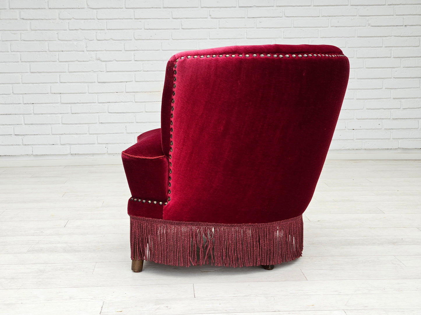 1970s, Danish lounge chair, original condition, cherry-red velour fabric.