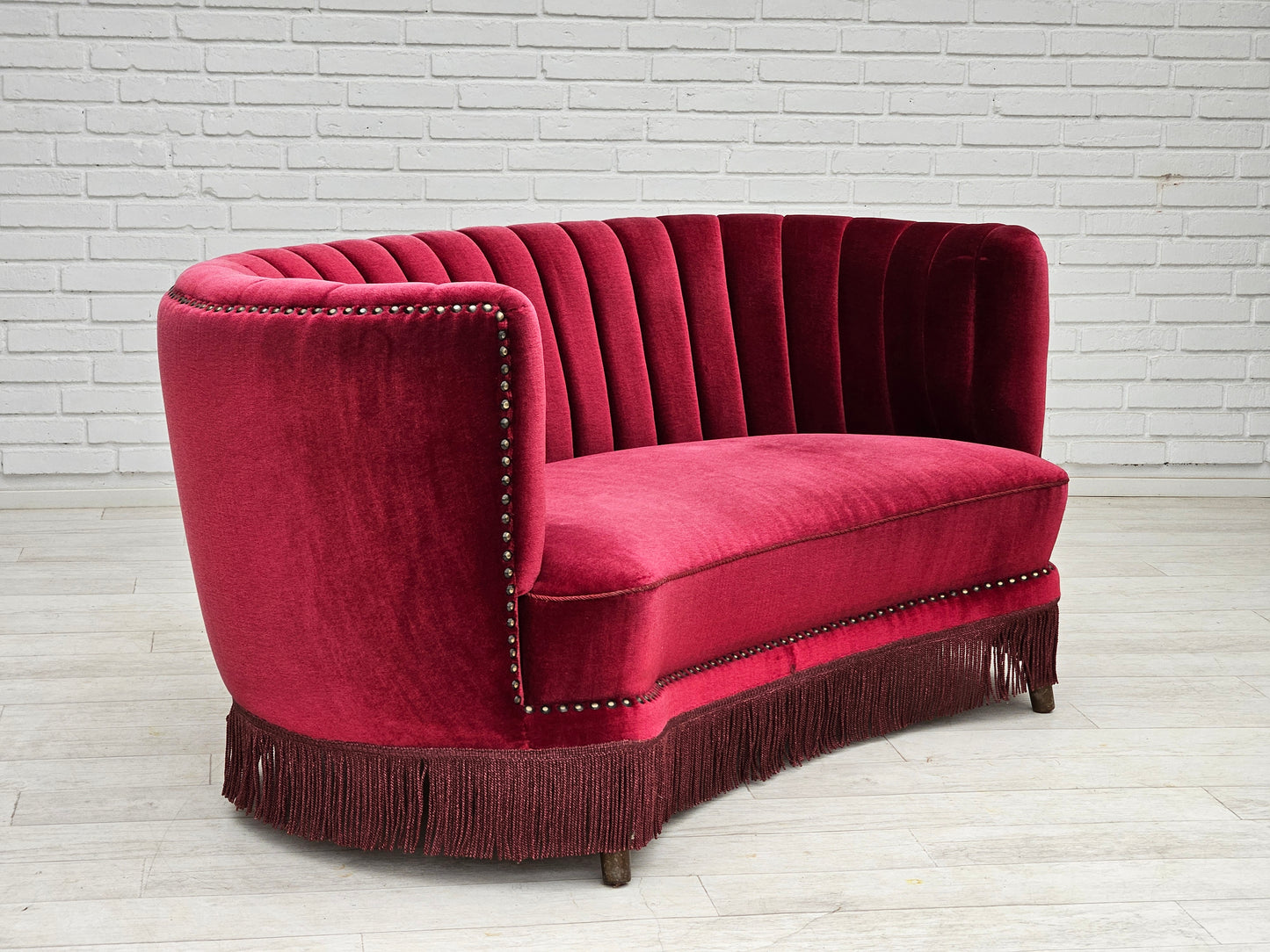 1970s, Danish 2-seater "Banana" sofa, original cherry-red velour.