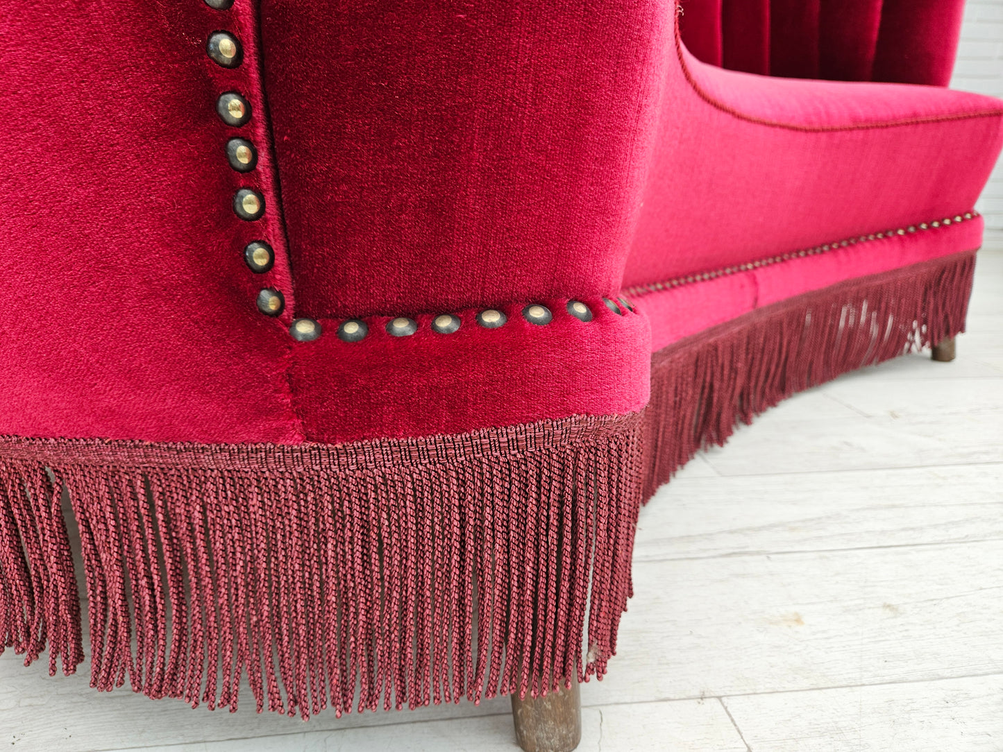 1970s, Danish 2-seater "Banana" sofa, original cherry-red velour.