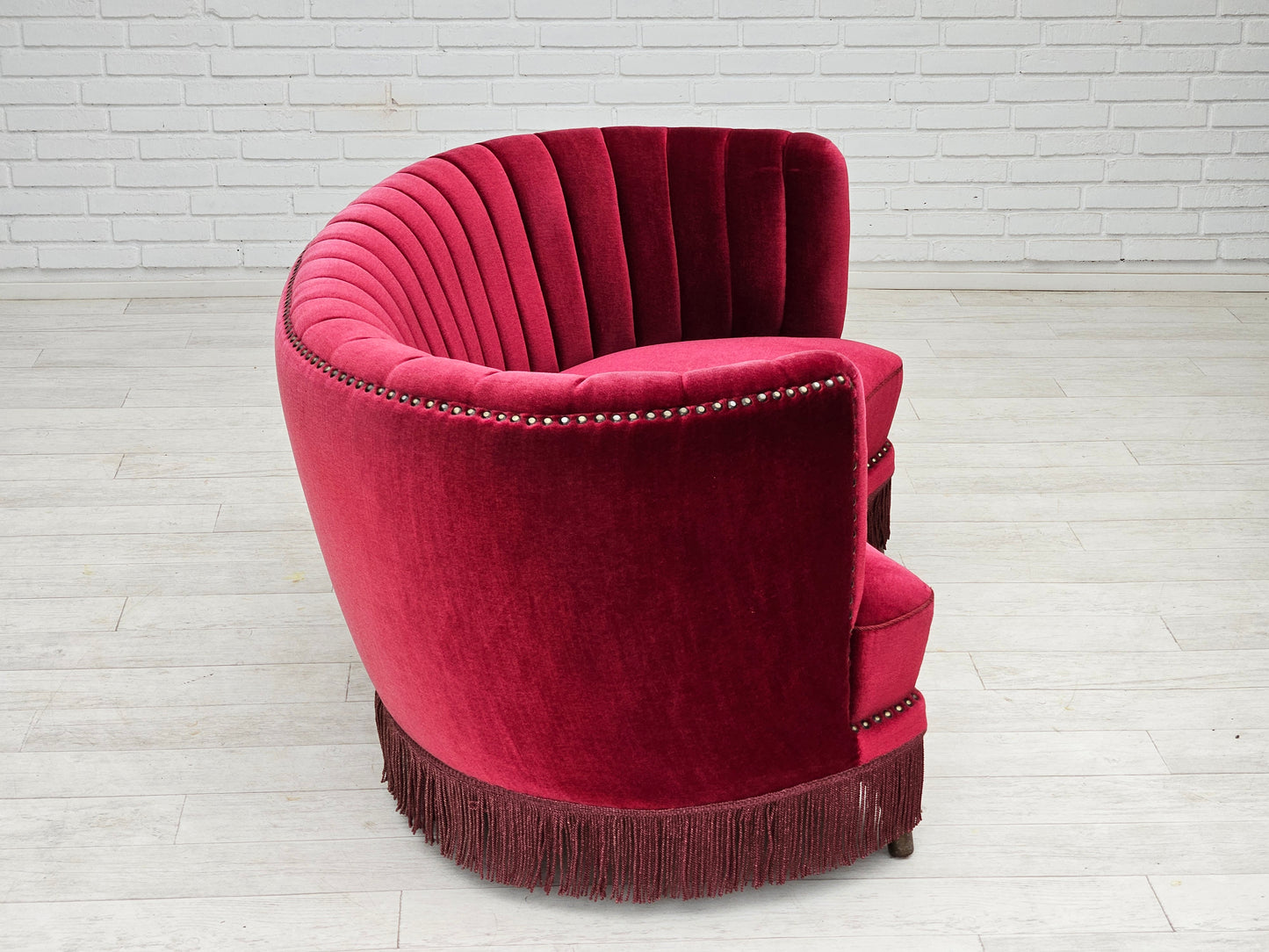 1970s, Danish 2-seater "Banana" sofa, original cherry-red velour.