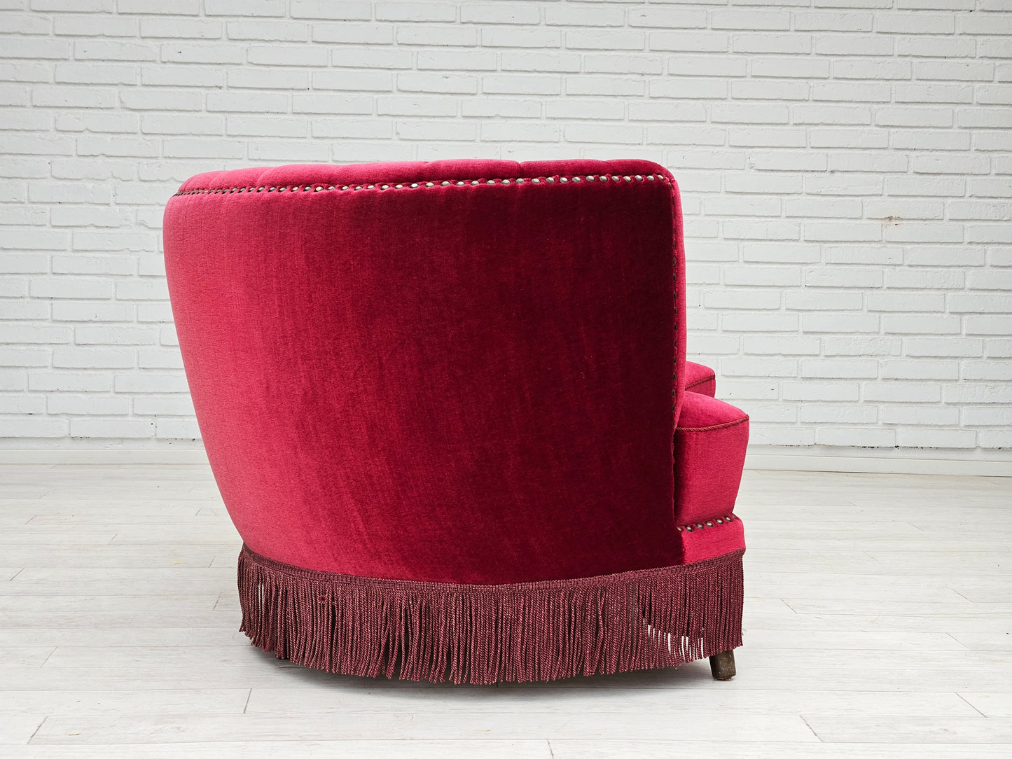 1970s, Danish 2-seater "Banana" sofa, original cherry-red velour.