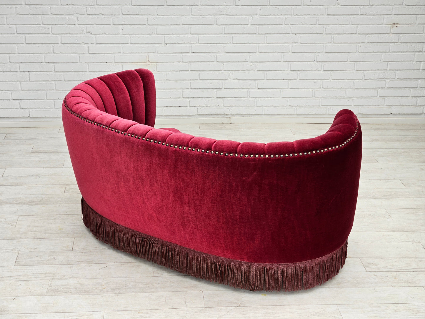 1970s, Danish 2-seater "Banana" sofa, original cherry-red velour.