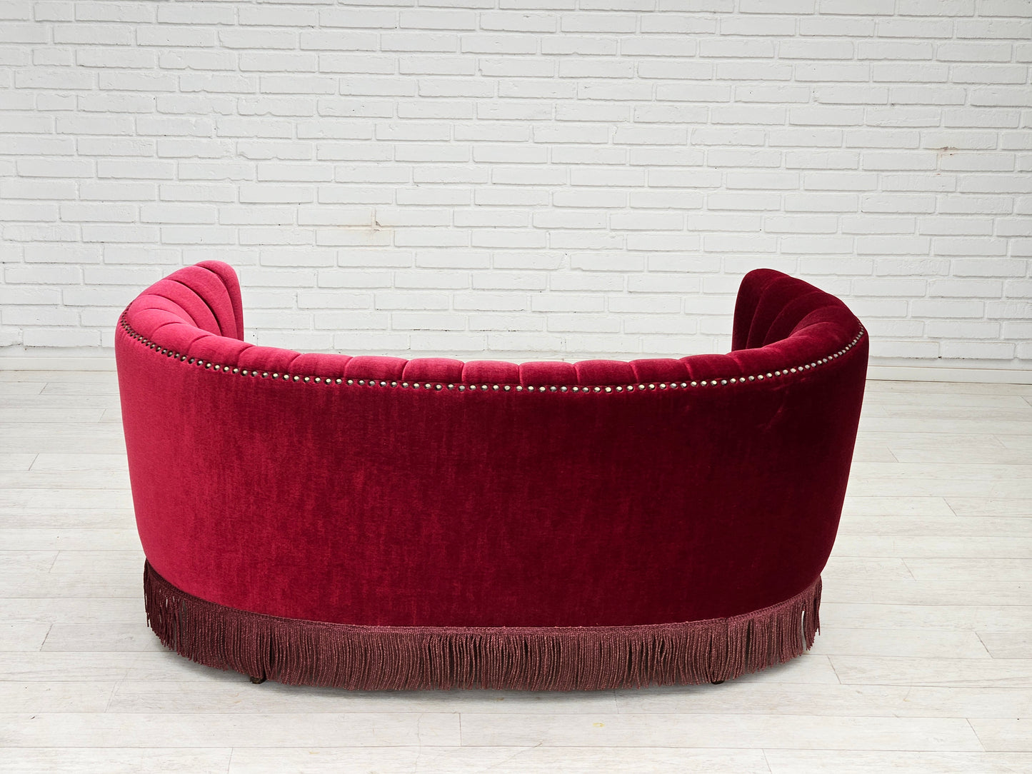 1970s, Danish 2-seater "Banana" sofa, original cherry-red velour.