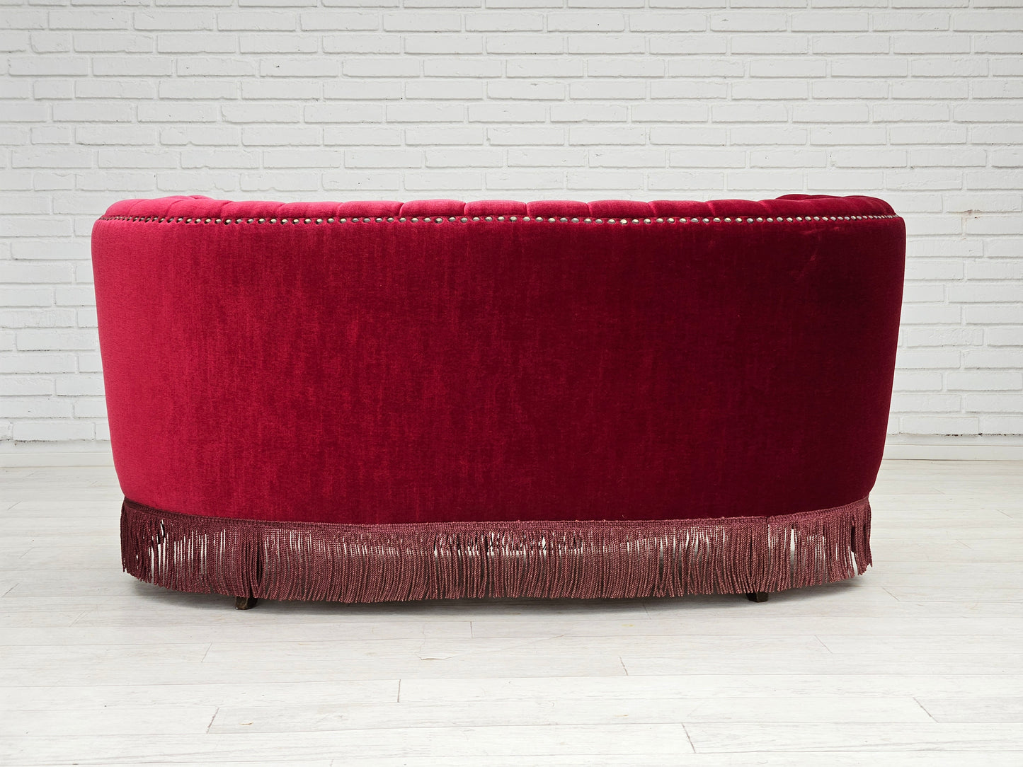 1970s, Danish 2-seater "Banana" sofa, original cherry-red velour.