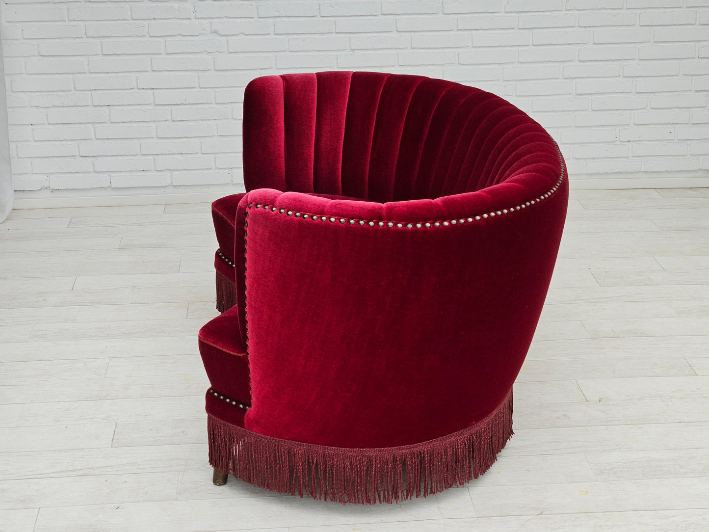 1970s, Danish 2-seater "Banana" sofa, original cherry-red velour.