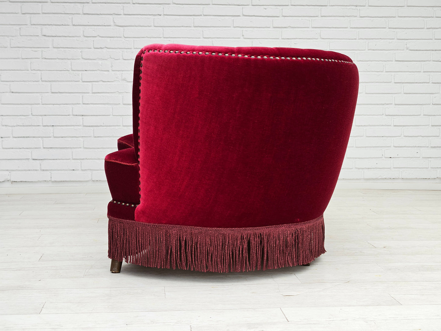 1970s, Danish 2-seater "Banana" sofa, original cherry-red velour.