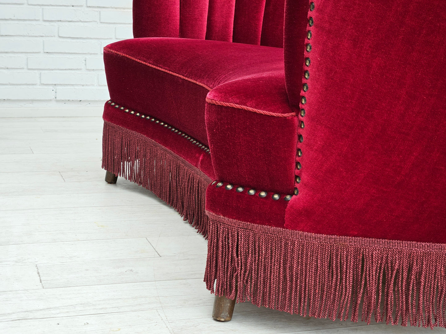 1970s, Danish 2-seater "Banana" sofa, original cherry-red velour.