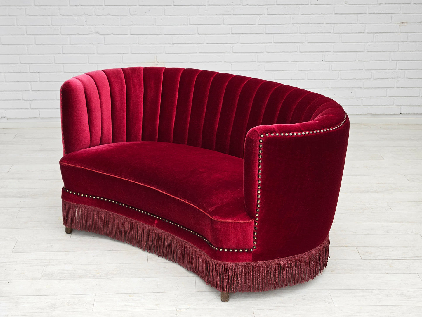 1970s, Danish 2-seater "Banana" sofa, original cherry-red velour.