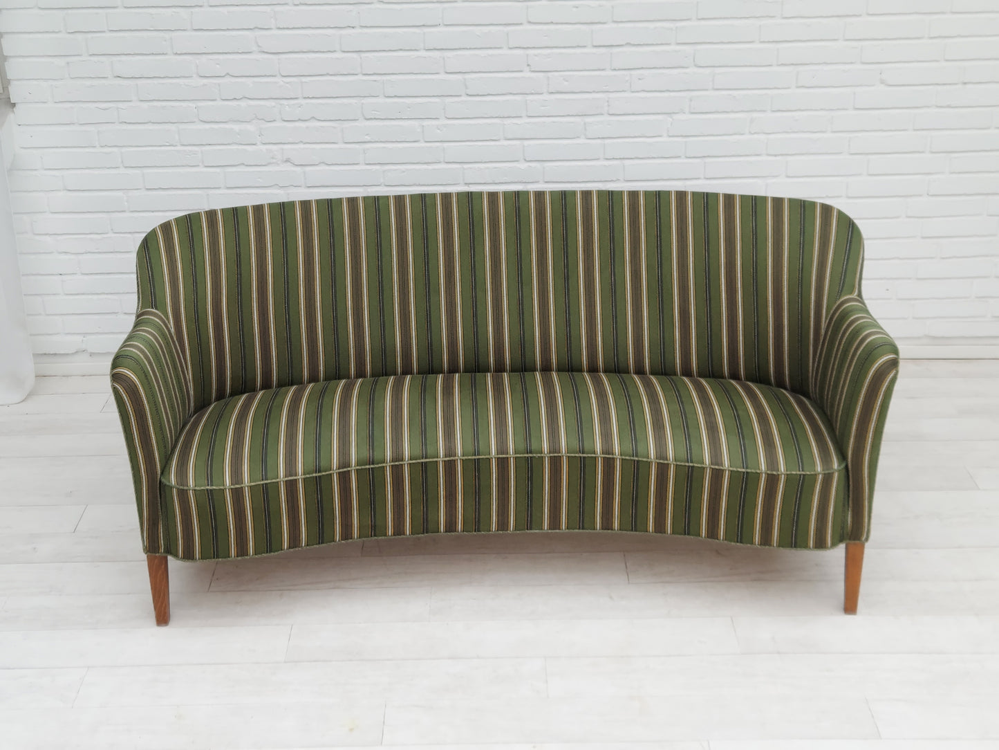 1960s, Danish curved 2 seater sofa, original condition, wool fabric, beech wood.