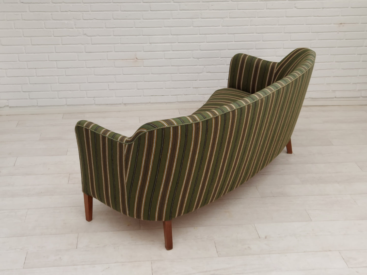 1960s, Danish curved 2 seater sofa, original condition, wool fabric, beech wood.