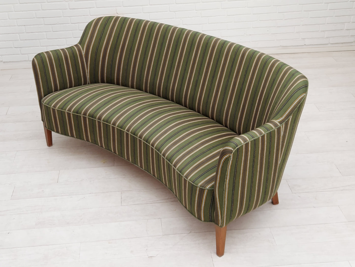 1960s, Danish curved 2 seater sofa, original condition, wool fabric, beech wood.