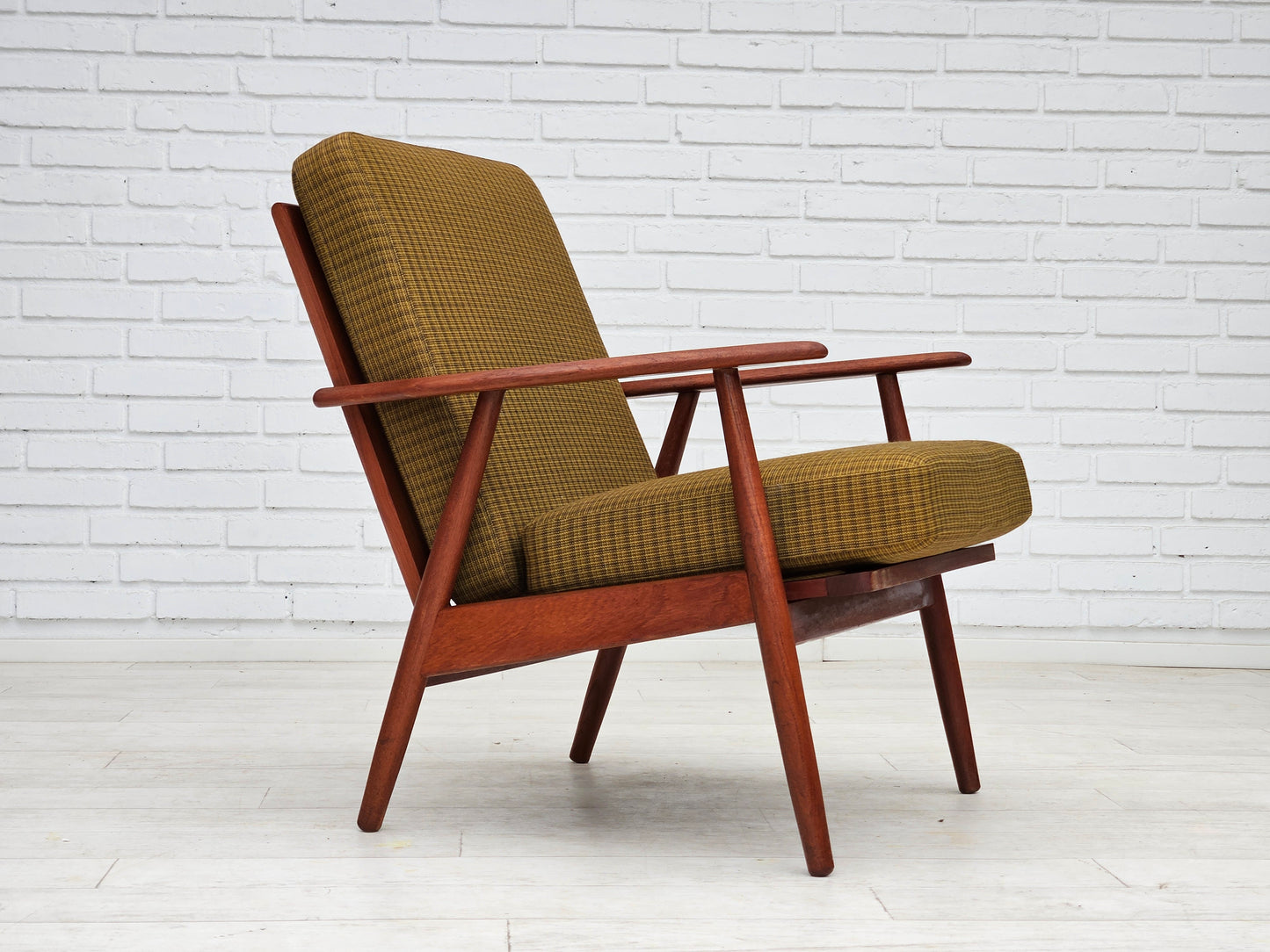 1970s, Danish teak wood armchair, original condition, green furniture fabric.