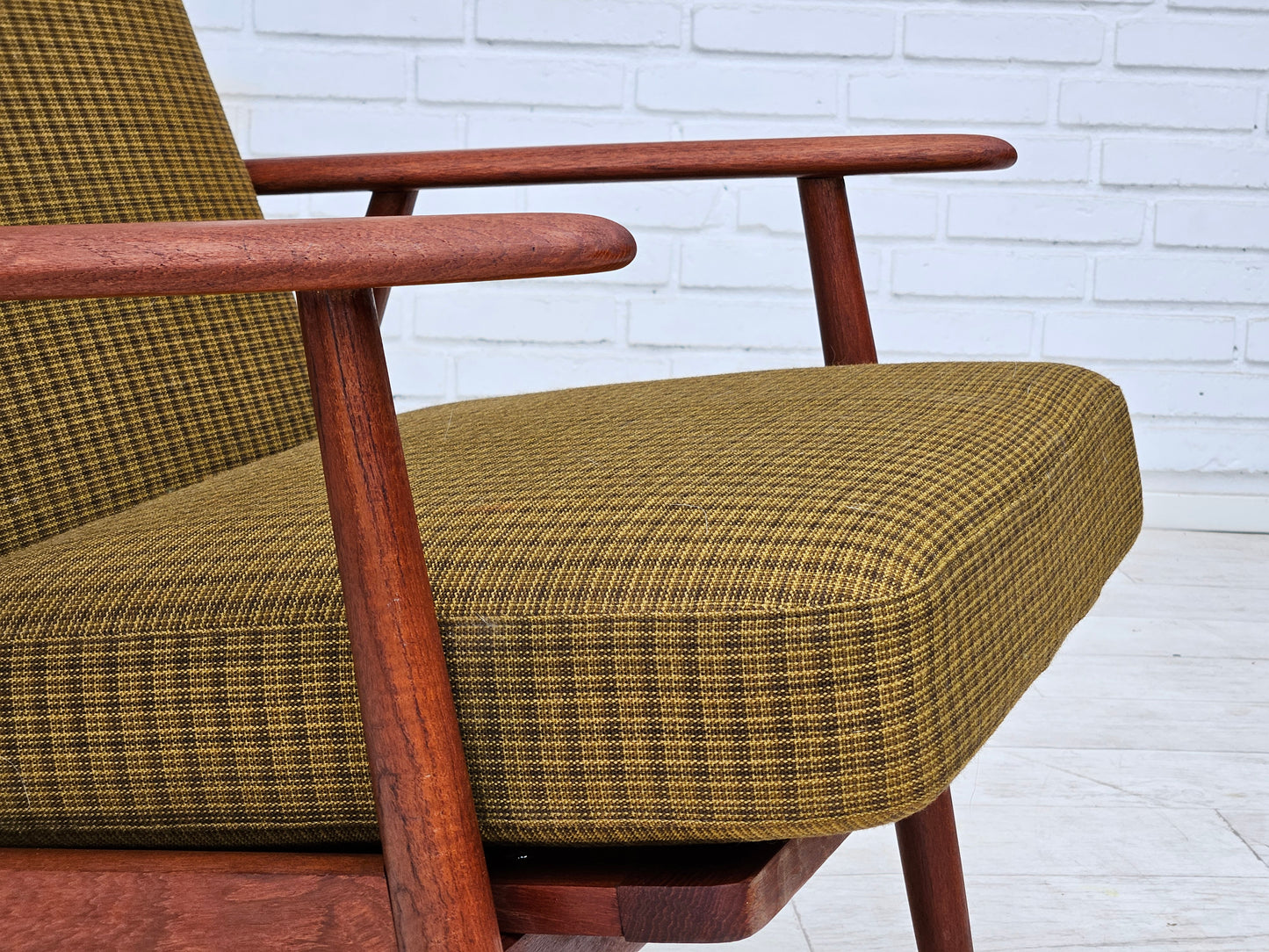 1970s, Danish teak wood armchair, original condition, green furniture fabric.