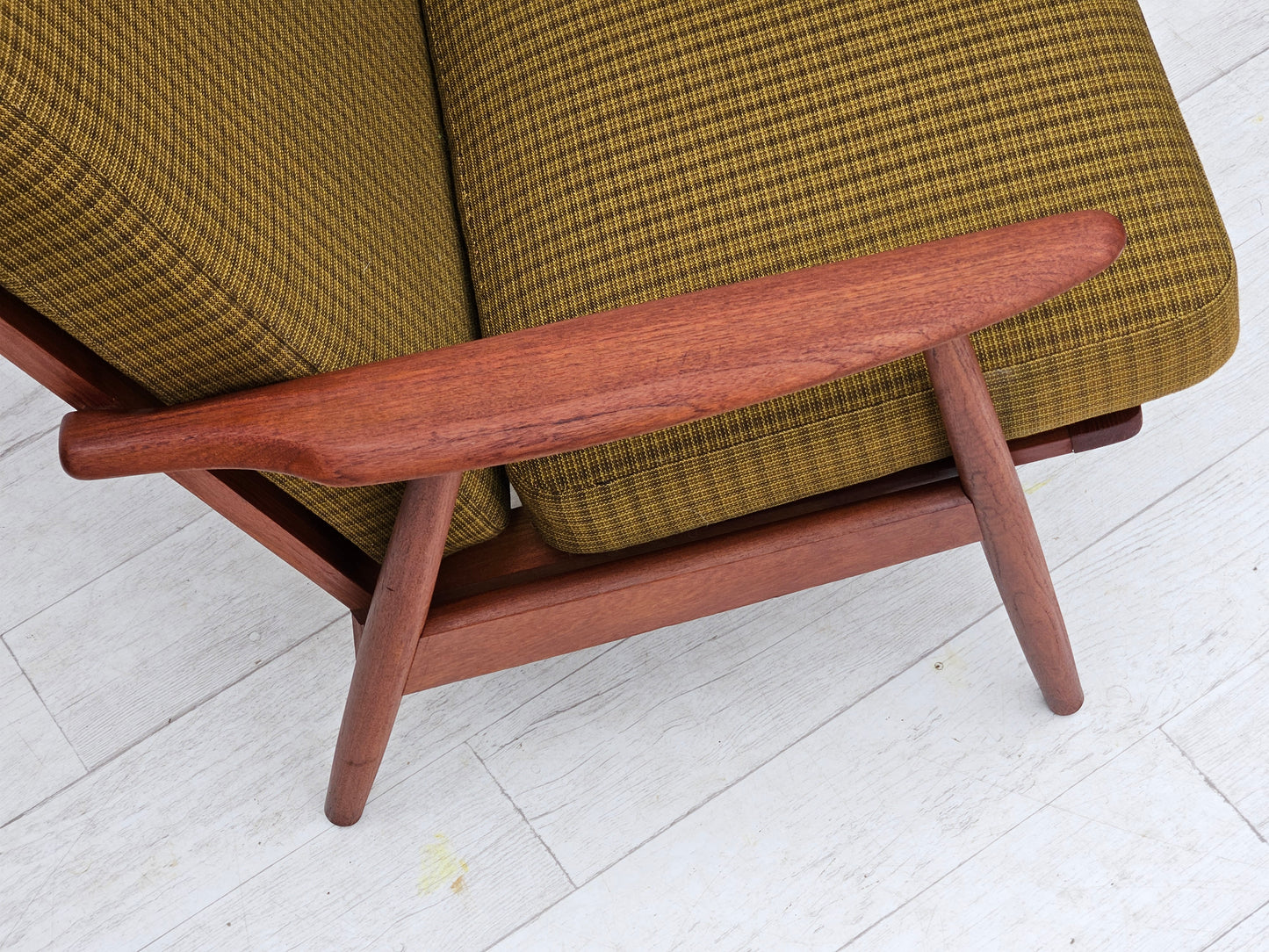 1970s, Danish teak wood armchair, original condition, green furniture fabric.