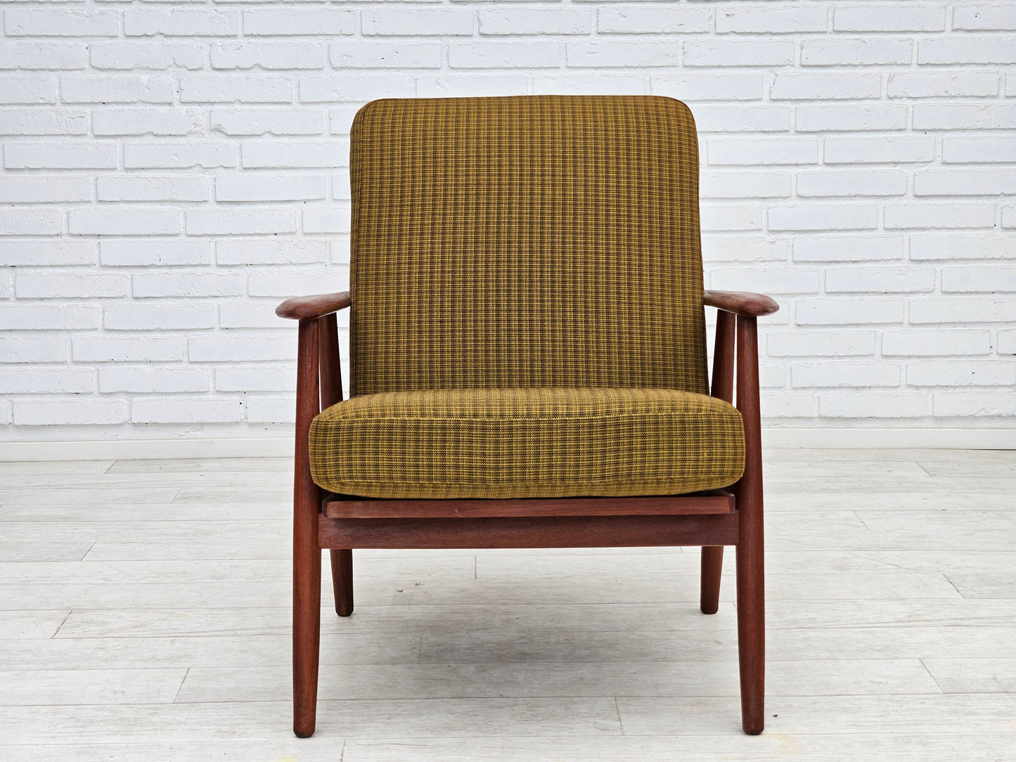 1970s, Danish teak wood armchair, original condition, green furniture fabric.