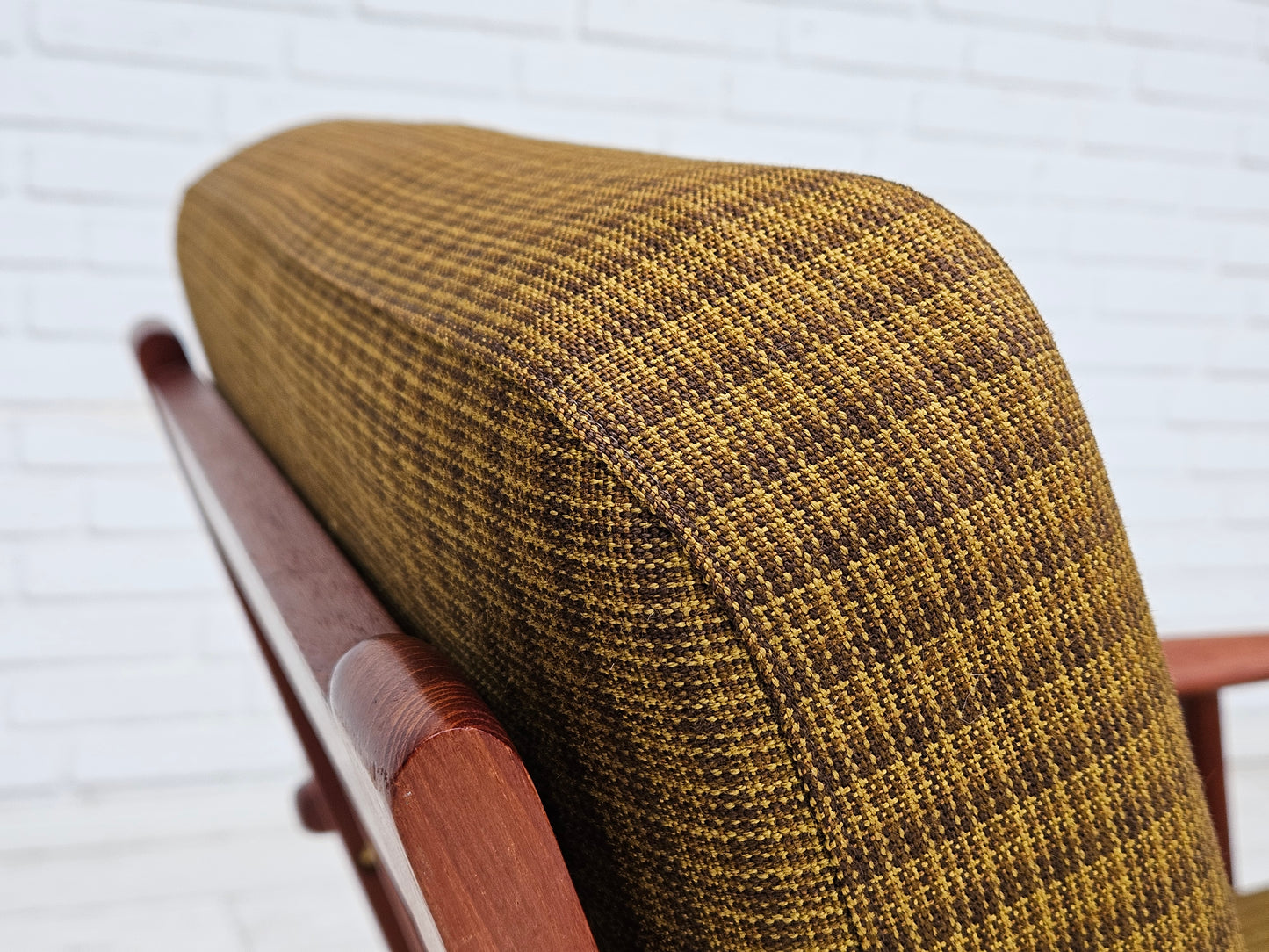 1970s, Danish teak wood armchair, original condition, green furniture fabric.