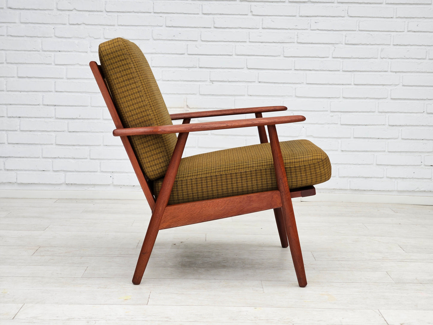 1970s, Danish teak wood armchair, original condition, green furniture fabric.