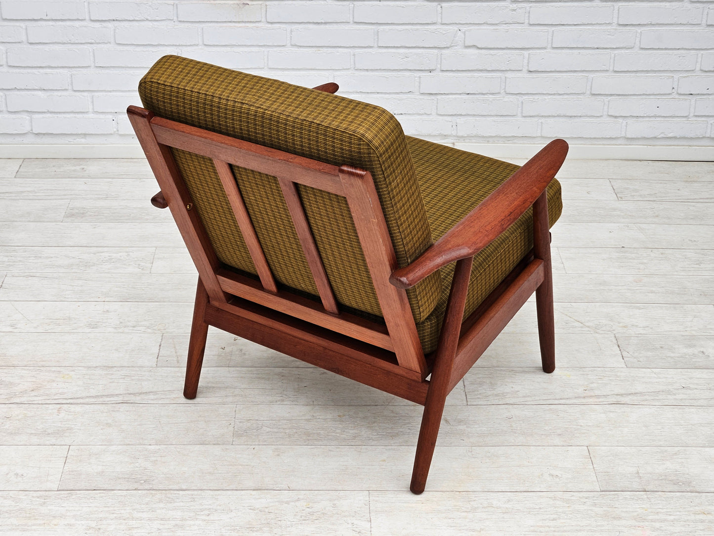 1970s, Danish teak wood armchair, original condition, green furniture fabric.