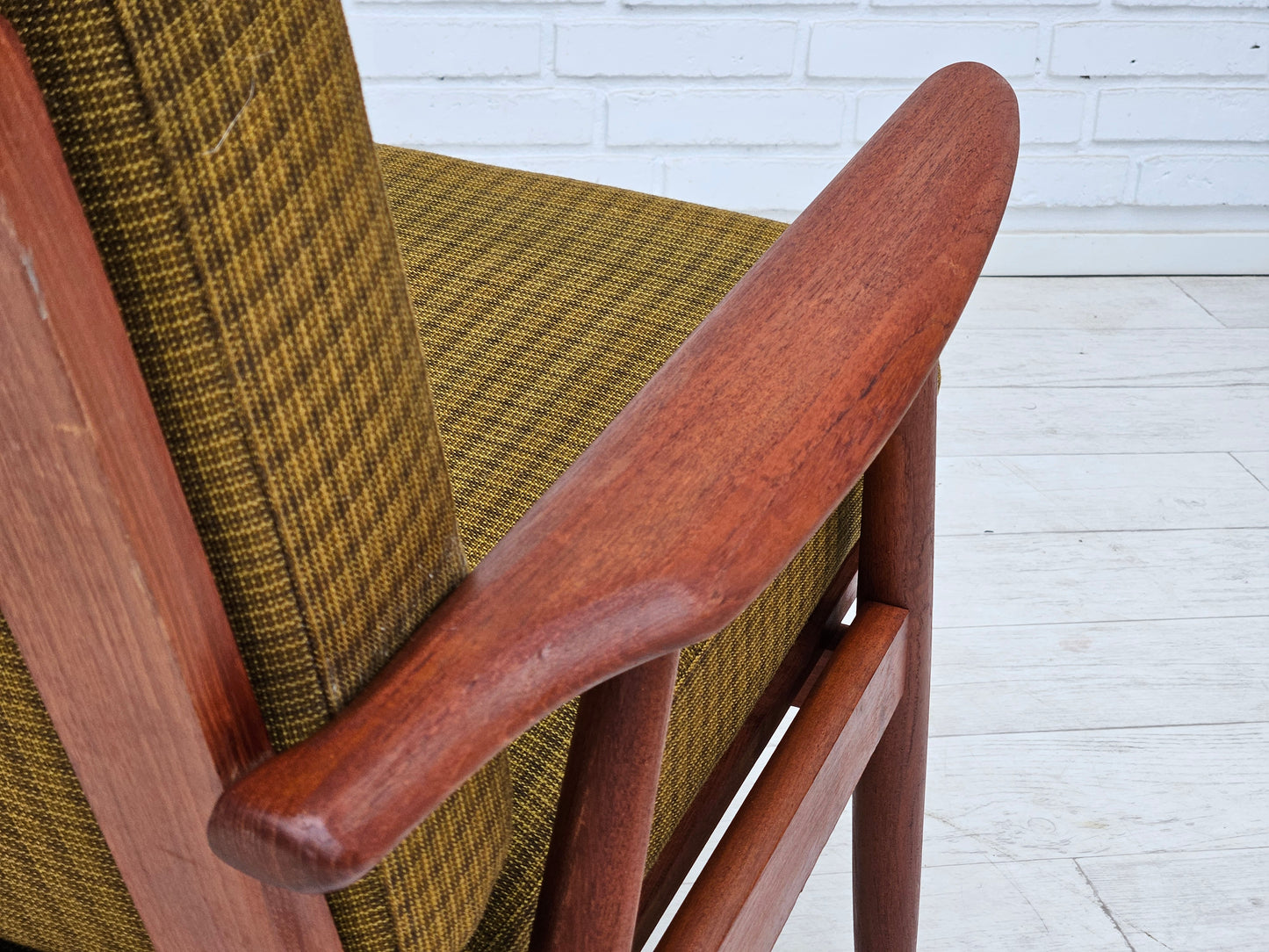 1970s, Danish teak wood armchair, original condition, green furniture fabric.