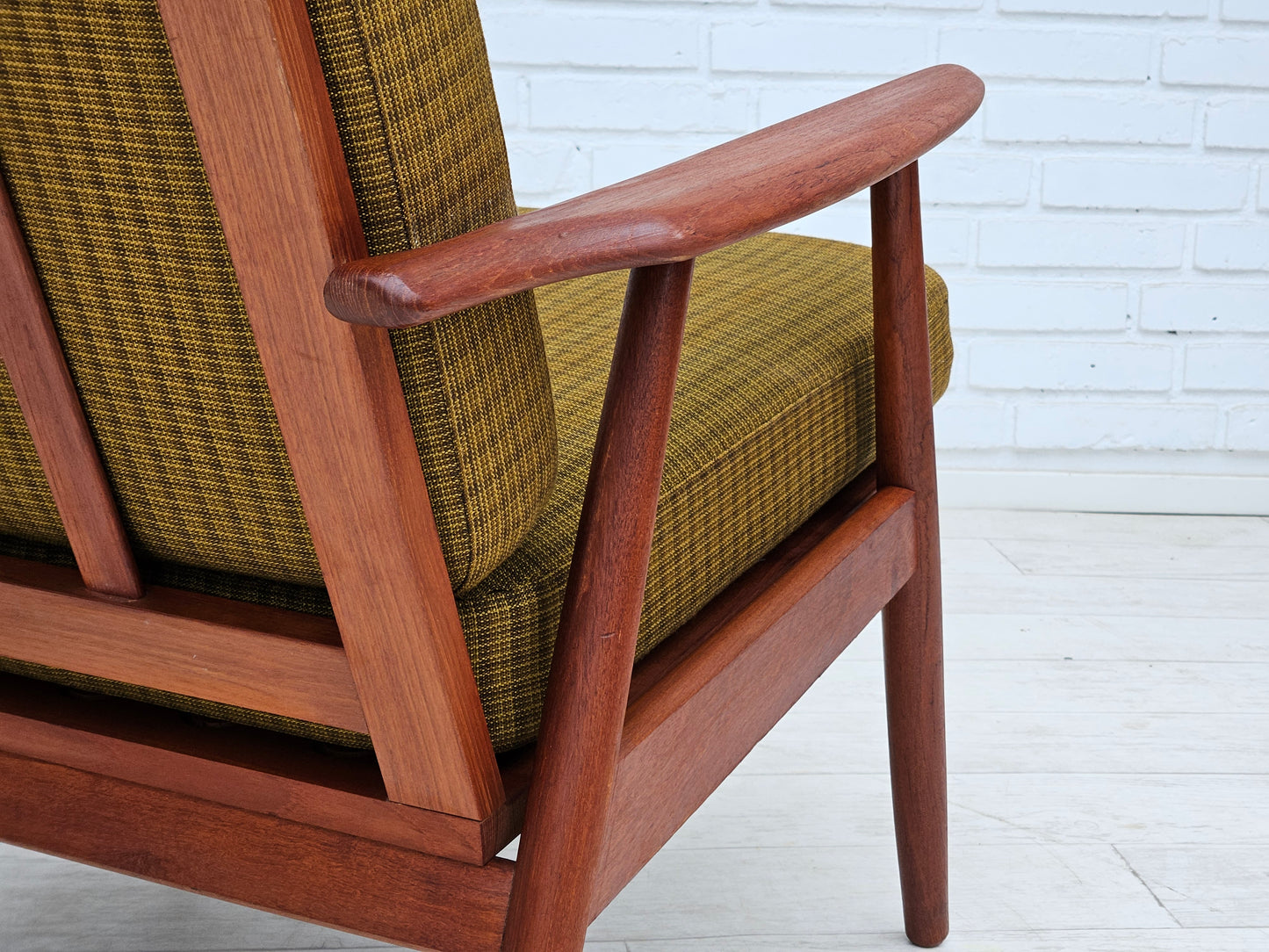 1970s, Danish teak wood armchair, original condition, green furniture fabric.